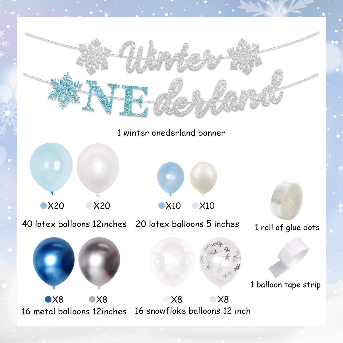 Snowflake Balloon Garland Arch Kit - Blue & Silver Winter Wonderland Decor for 1st Birthday Party, Baby Shower, Winter Onederland | Perfect for Girls, Boys & Gender Neutral Celebrations | Create Magical Winter-Themed Backdrops & Photo Booths