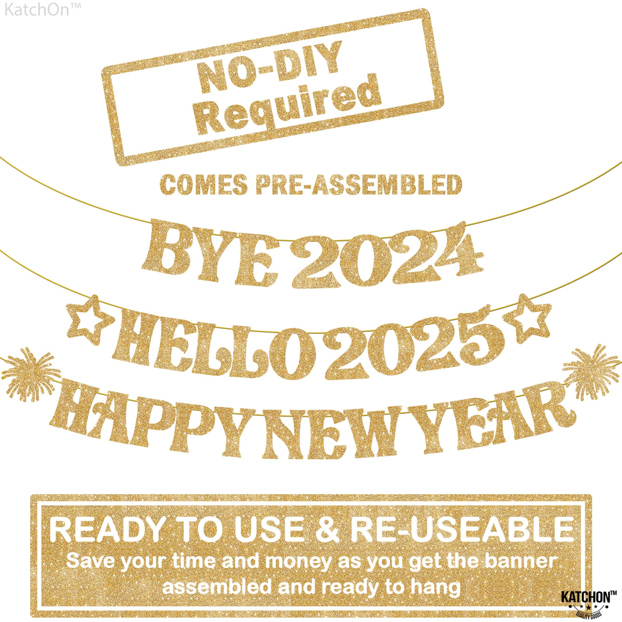 KatchOn 2025 New Year Party Decorations - 13-Pack Glitter Happy New Year Banner & NYE Glasses Set | Perfect for New Year's Eve Countdown, 2025 Celebration Decor & Holiday Party Supplies | Bye 2024 Hello 2025 Decorations for Home, Office or Club Parties