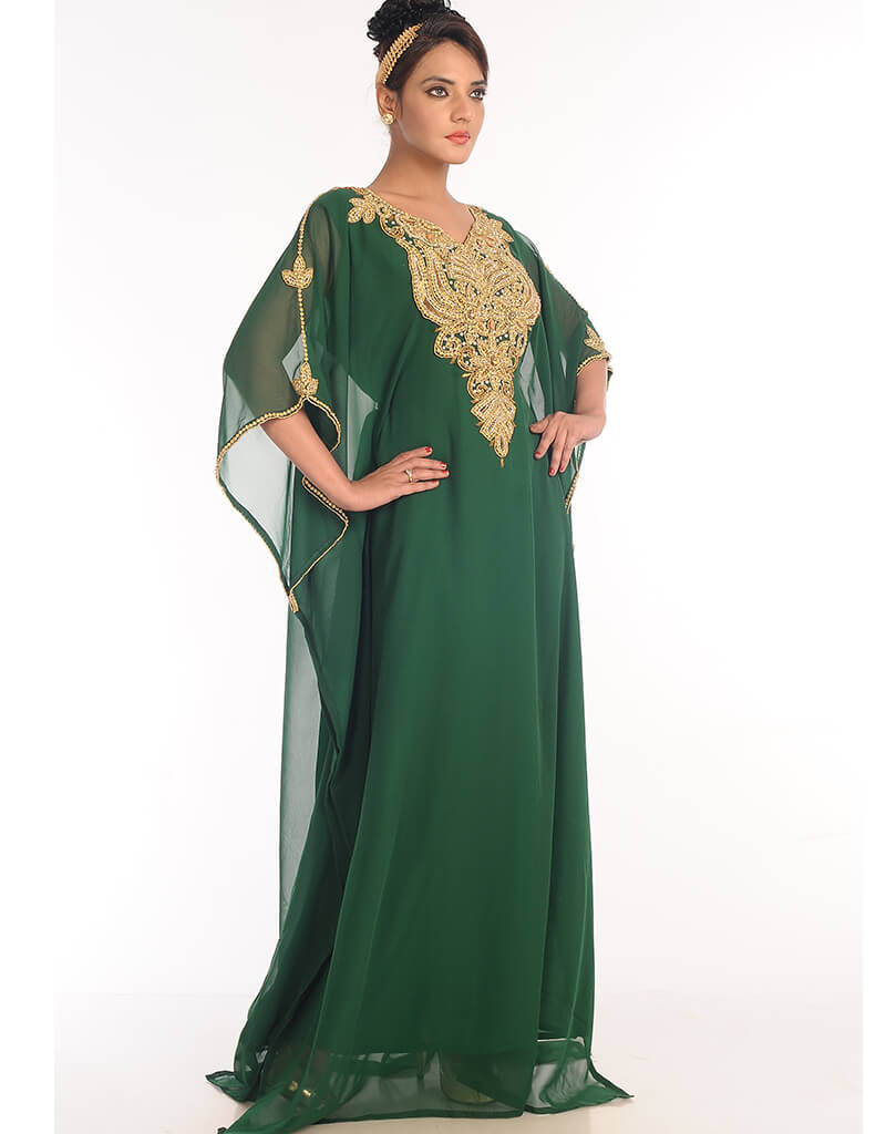 Elegant Arabic Bottle Green Georgette Kaftan with Hand Embroidery - Perfect for Parties, Weddings & Special Occasions