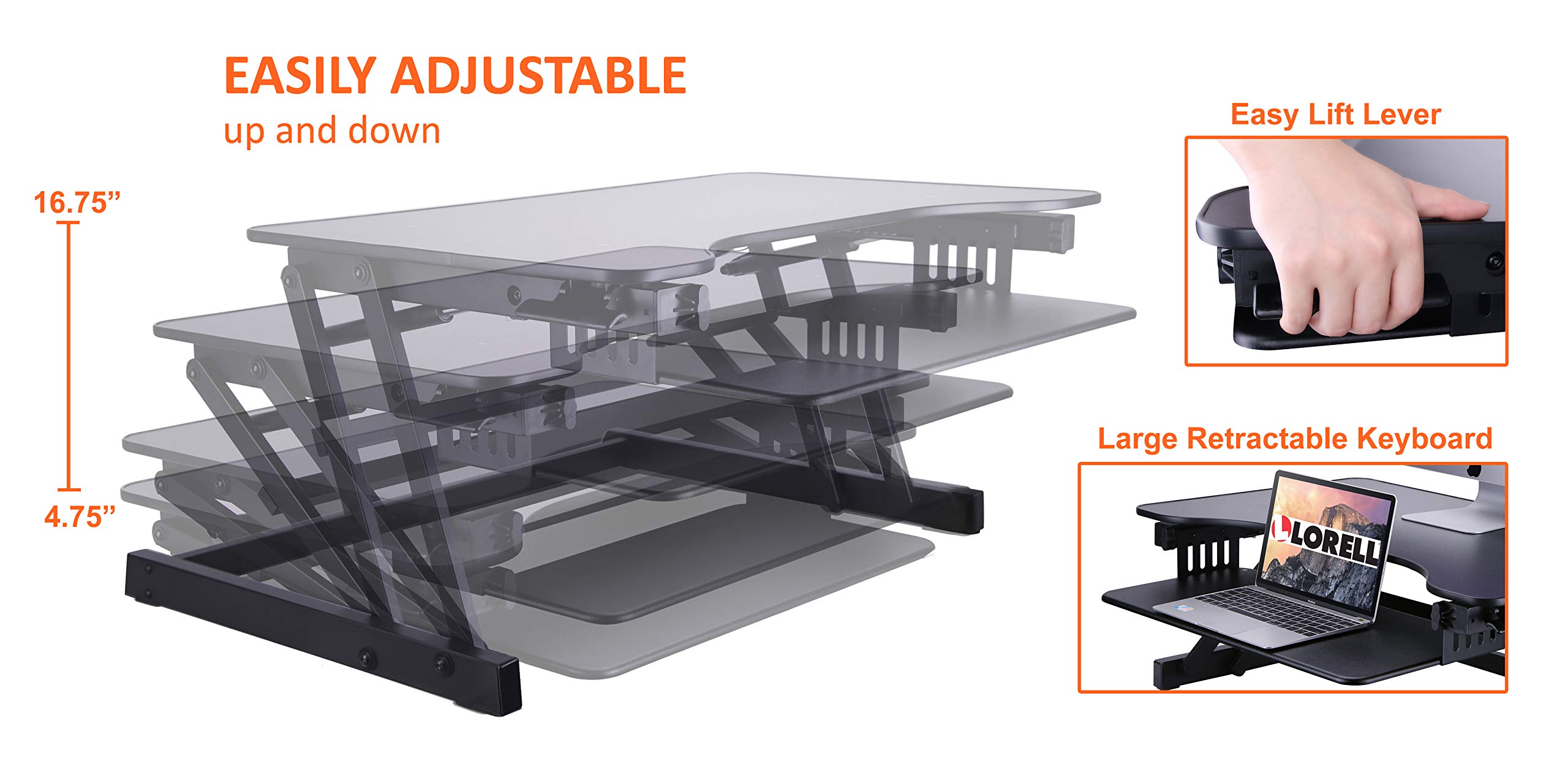 Lorell Adjustable Desk Monitor Riser Stand - Ergonomic Black Workstation Organizer for Home Office, Computer, Laptop & Standing Desk Setup