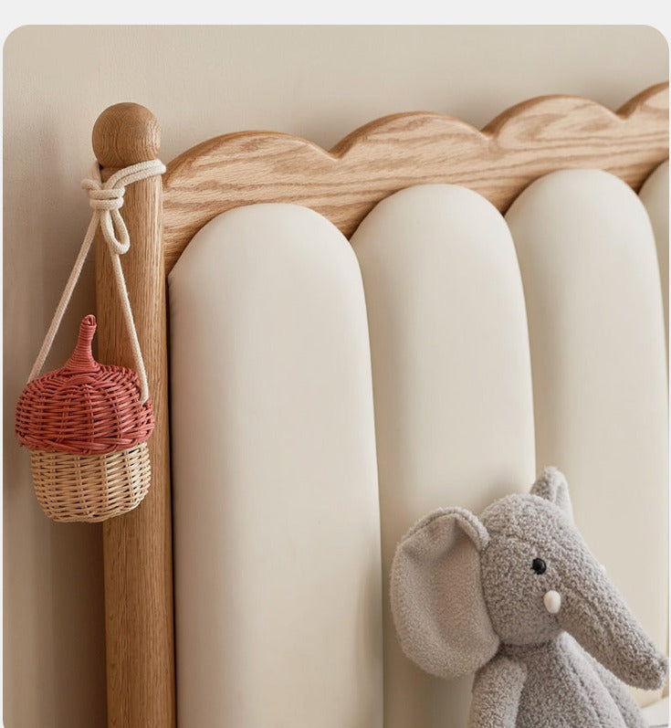 Premium Oak Solid Wood Kids Upholstered Bed with Soft Headboard - Milky White | Safe & Comfortable Toddler Bedroom Furniture for Boys & Girls | Perfect for Bedrooms, Daycare & Guest Rooms