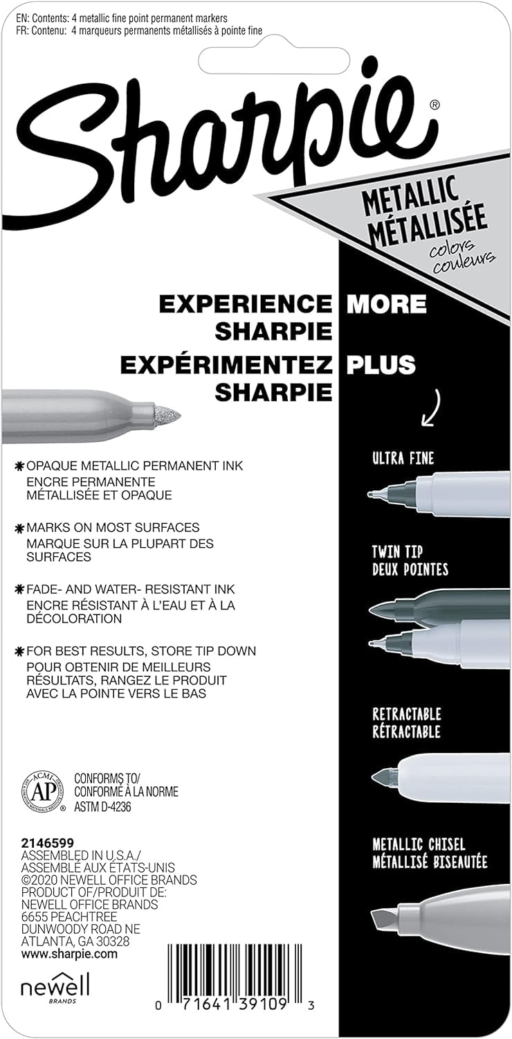 Sharpie 39109PP Metallic Permanent Markers Fine Point - Silver (5 Pack of 4 Markers, 20 Total) - Vibrant Metallic Ink for Light & Dark Surfaces - Ideal for DIY Crafts, Office Use, Gift Wrapping & Home Decor