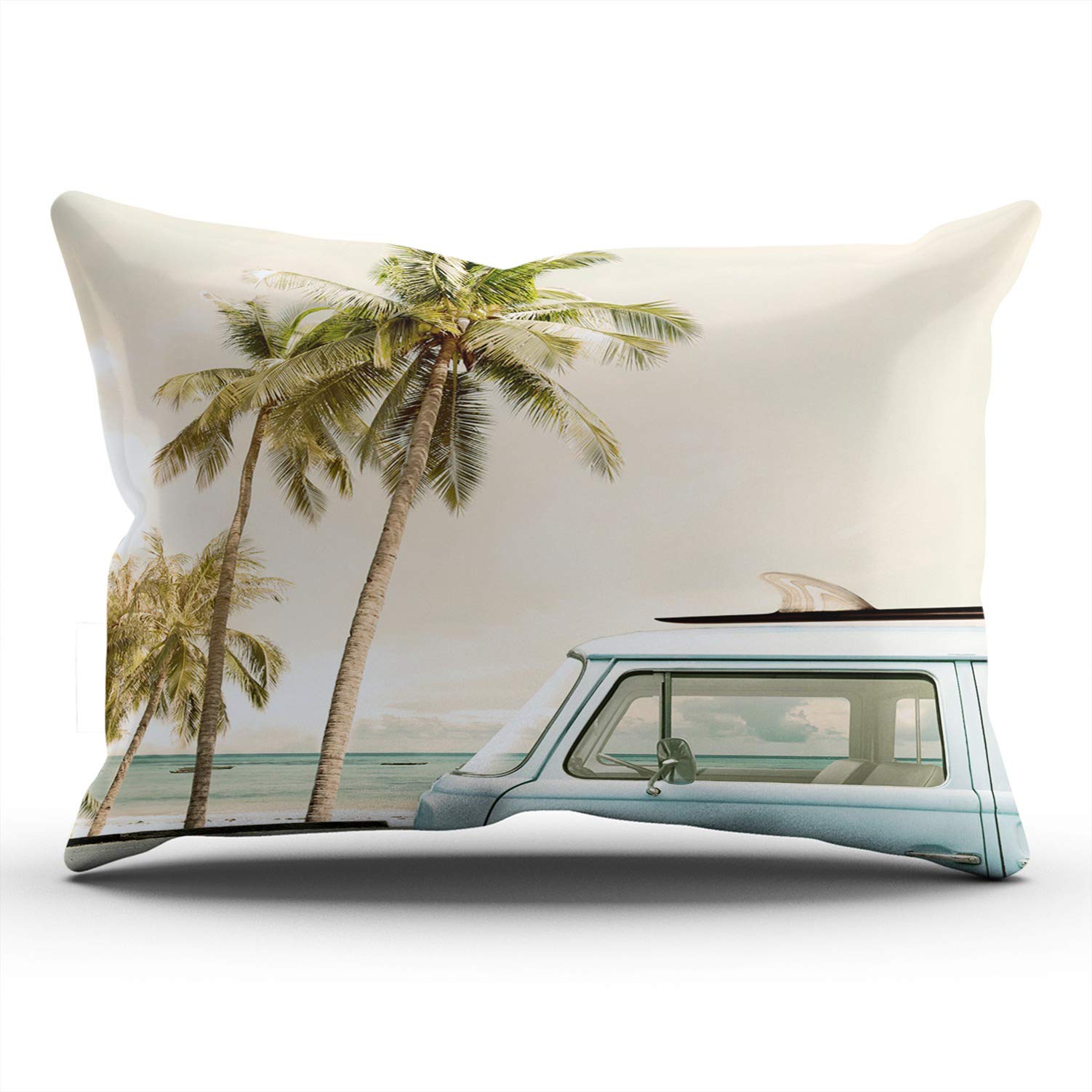 Tropical Beach Car with Surfboard Roof Throw Pillow Cover - Hidden Zipper Decorative Custom Pillow Case - Single Side Printed King Size 20x36 Inches - Perfect for Beach House Decor, Living Room Accent & Coastal Themed Bedroom