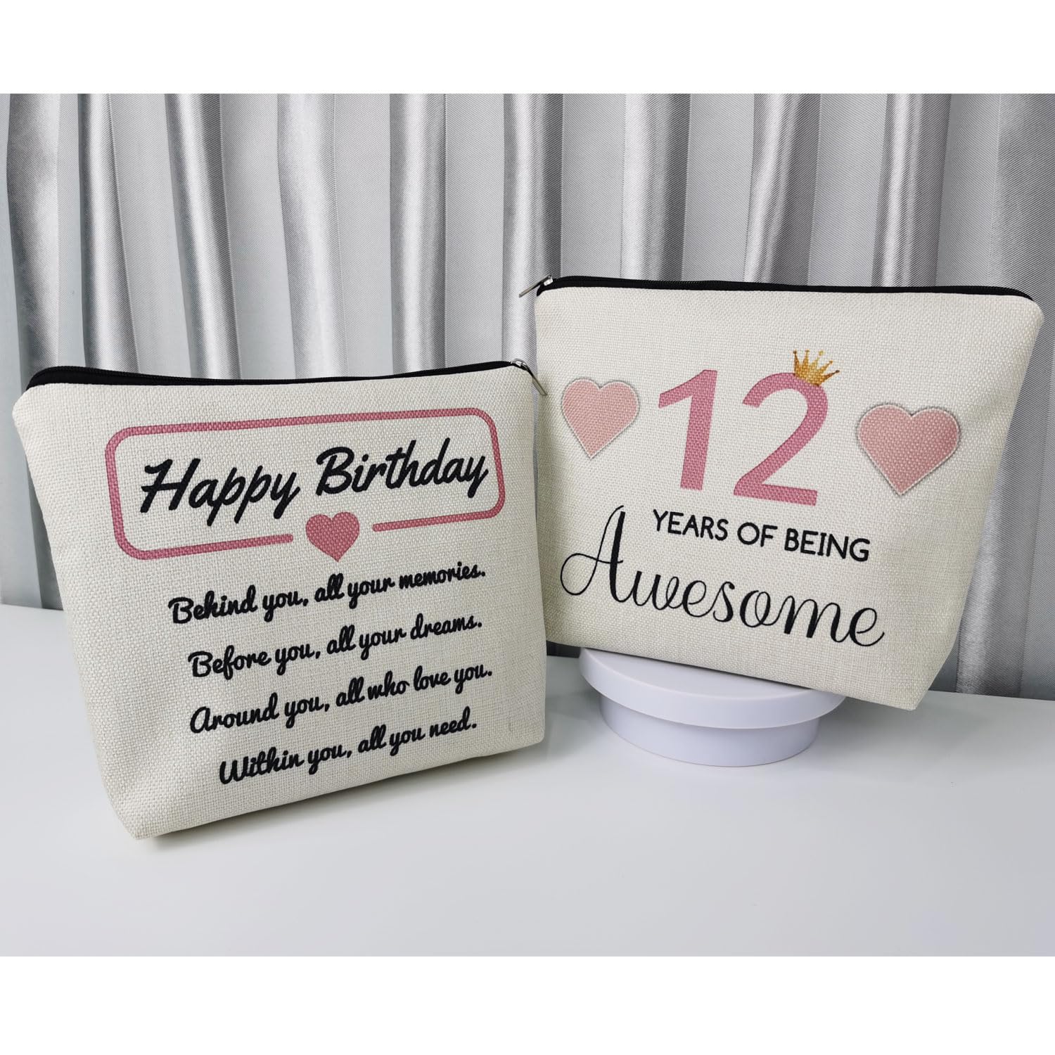 12th Birthday Makeup Bag for Girls - Cute Small Cosmetic Pouch for Women, Travel Toiletry Bag with Zipper - Perfect 12-Year-Old Girl Gift (Pink) | Great for Birthday Presents, School Supplies & Travel Essentials