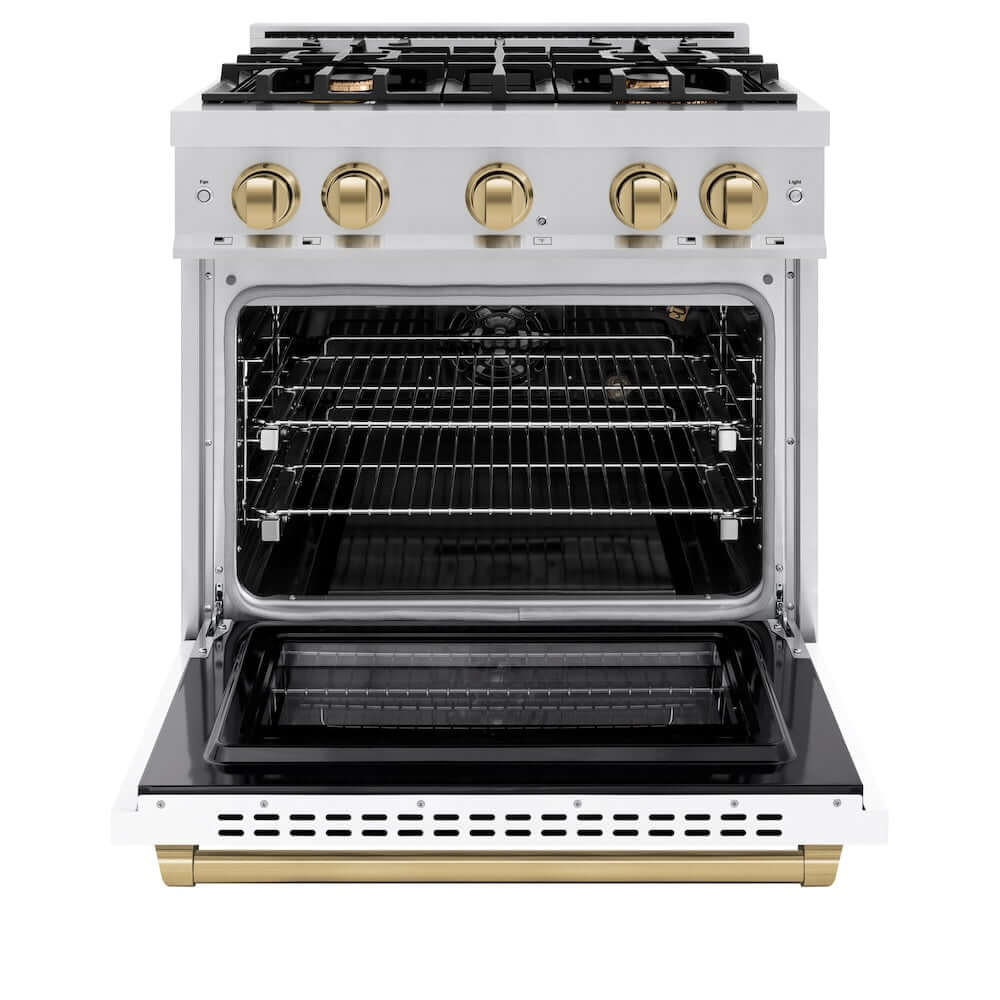 ZLINE Autograph Edition 30 Inch 4.2 Cu Ft Gas Range with 4 Burner Cooktop & Convection Oven - Stainless Steel with White Matte Door & Champagne Bronze Accents | Professional Kitchen Appliance for Home Chefs & Modern Cooking