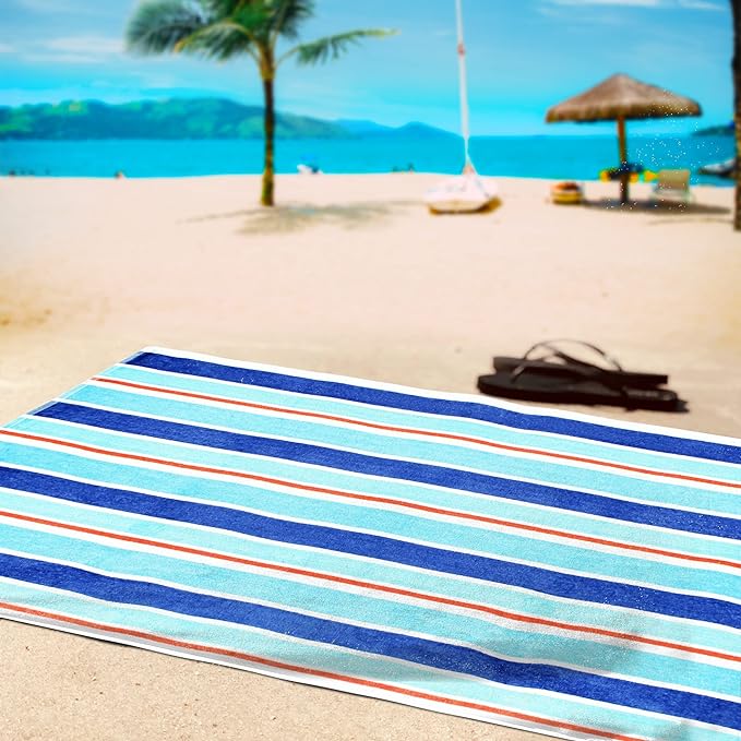 Ocean Stripe Oversized Cotton 4 Piece Beach Towel Set - Soft, Absorbent & Quick-Dry for Pool, Beach, Gym & Travel - Bath Towels for Adults & Kids