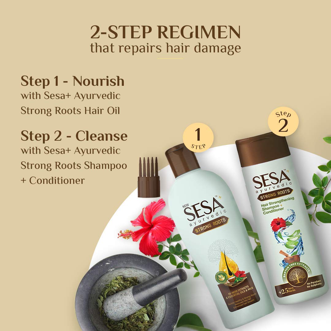 SESA Ayurvedic Strong Roots Hair Care Combo - Hair Strengthening Oil (100ml) & Shampoo + Conditioner (200ml) for Men & Women | Paraben-Free, Sulfate-Free | Promotes Hair Growth & Reduces Hair Fall | Perfect for Daily Hair Care & Scalp Nourishment
