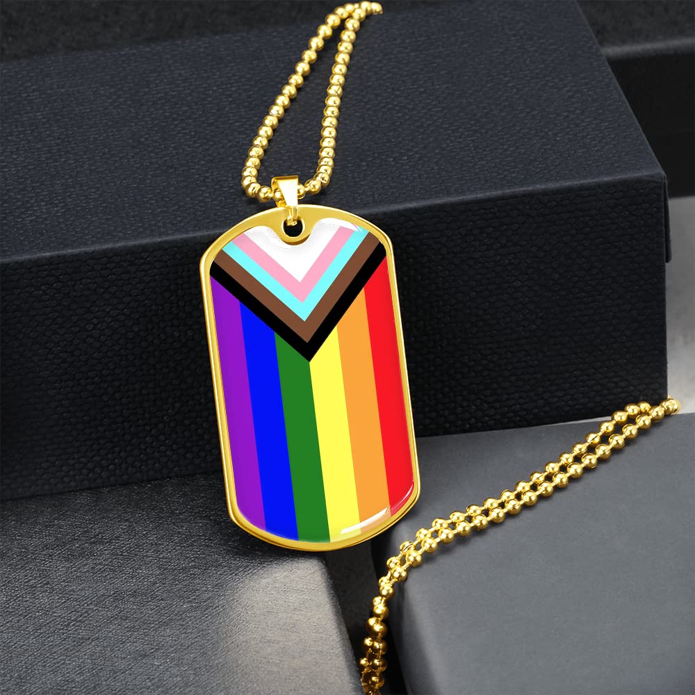 Customized Progress Pride Necklace - Rainbow LGBTQ+ Dog Tag Pendant with Gift Box | Gay, Lesbian & Bisexual Pride Jewelry | Perfect for Pride Month, Couples Gifts & Everyday Wear