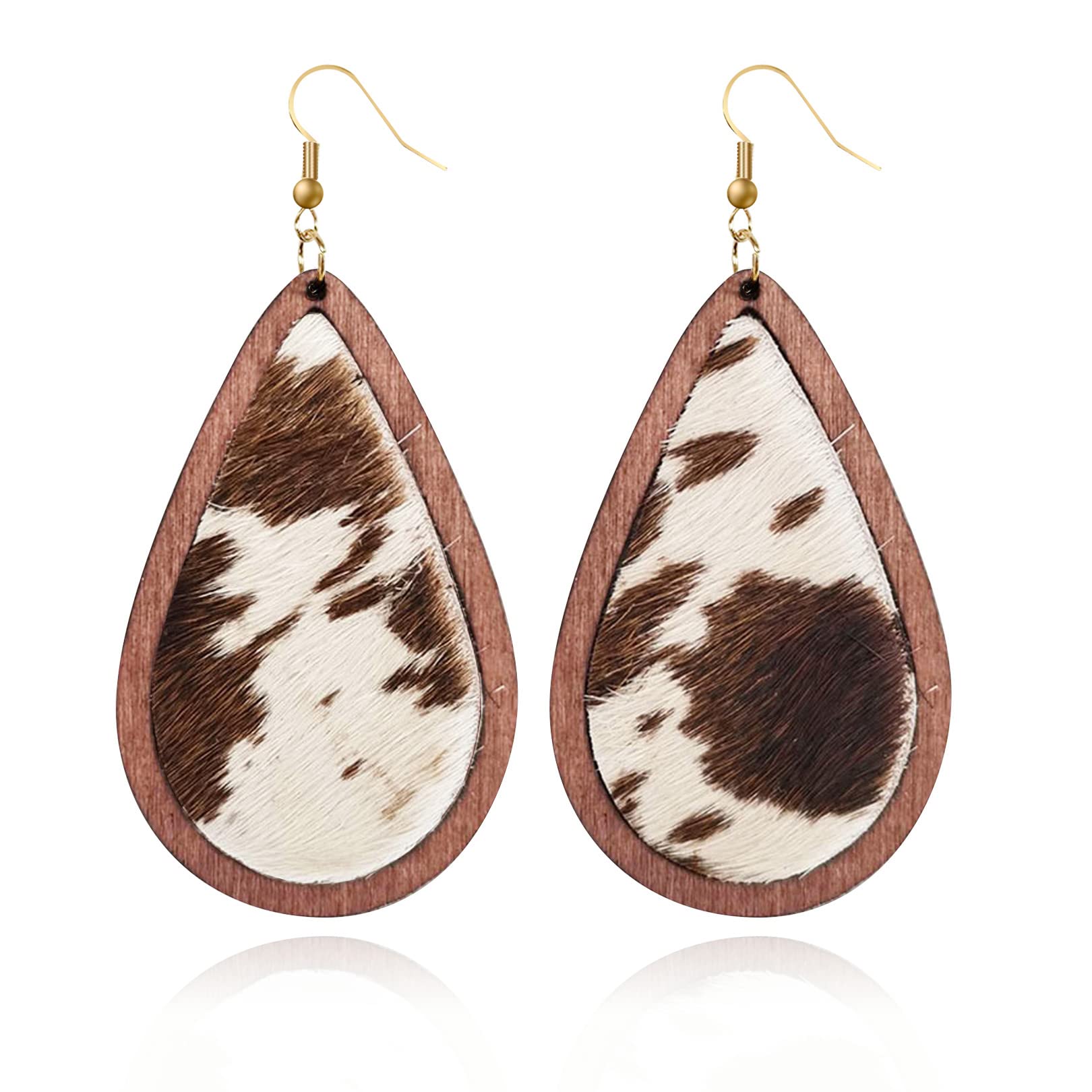 Cow Print Earrings for Women - Lightweight Genuine Leather & Wood Teardrop Dangle Earrings | Handmade Hypoallergenic Drop Earrings for Girls | Perfect for Boho Style, Western Fashion & Casual Outfits