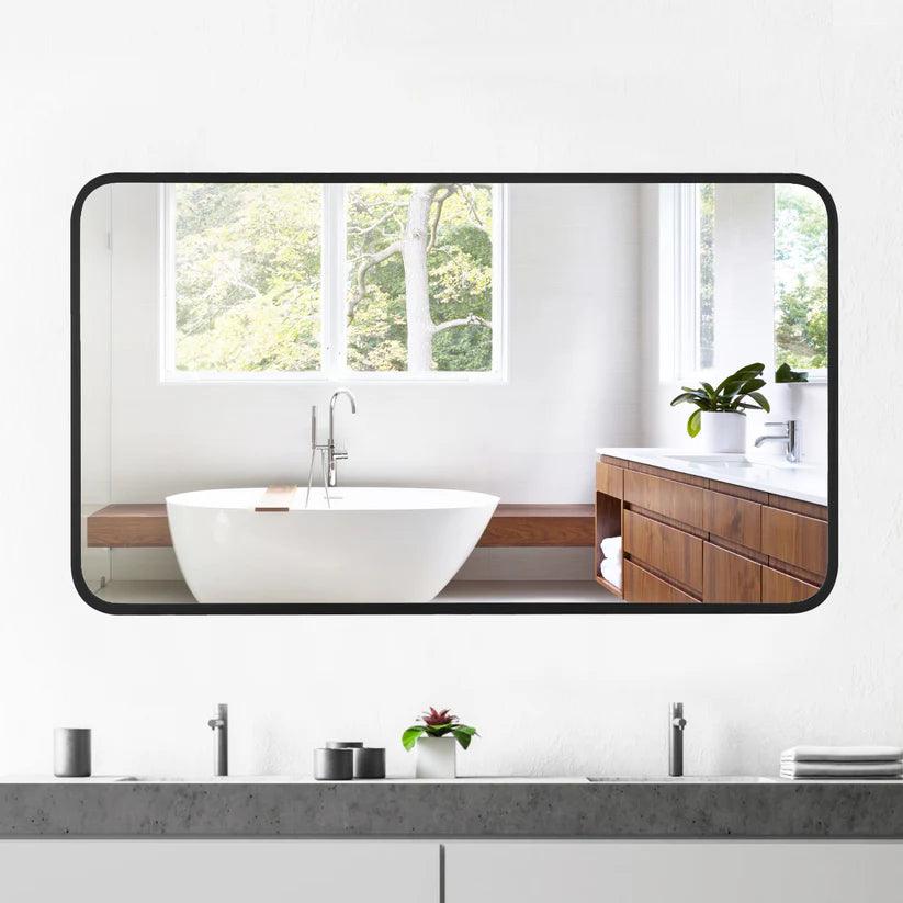 Modern Black Aluminum Framed Wall Mirror - Sleek Soft Corner Design for Living Room, Bedroom & Bathroom Decor | Home & Office Interior Accent Mirror
