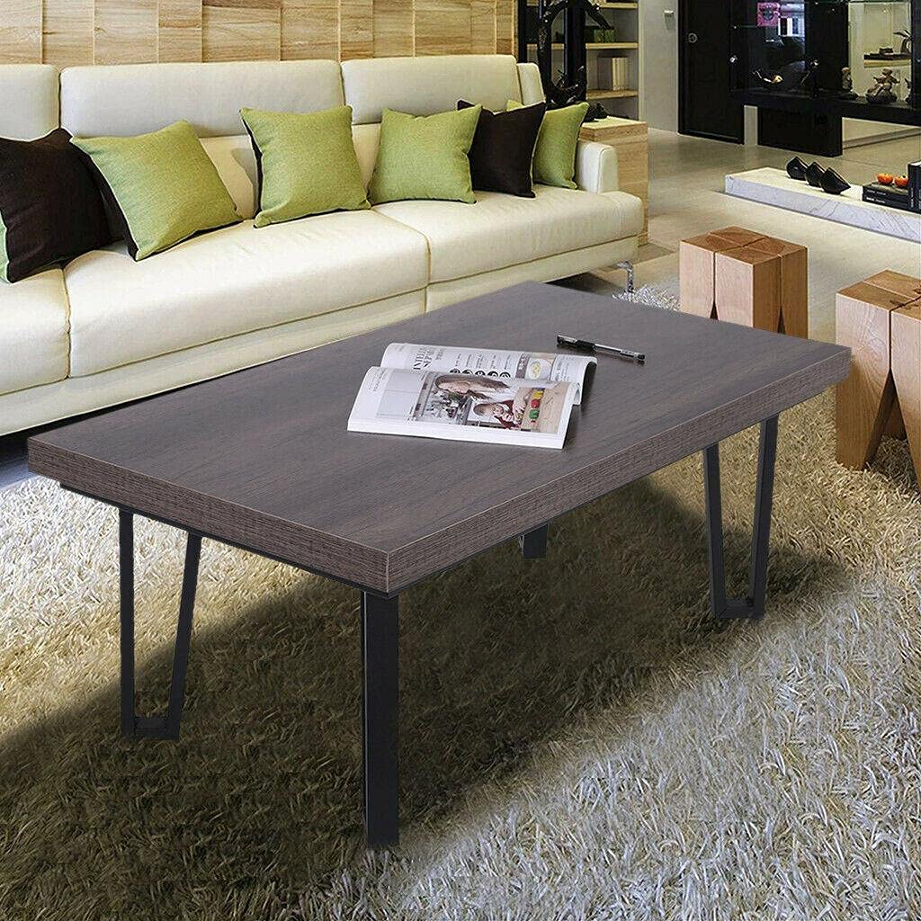 Modern Industrial Rectangular Faux Wood Coffee Table with Metal Legs - Lift Top Sofa Desk for Living Room, Office & Dorm Decor - Rustic Brown Wooden Center Table for Small Spaces & Home Theater Setup