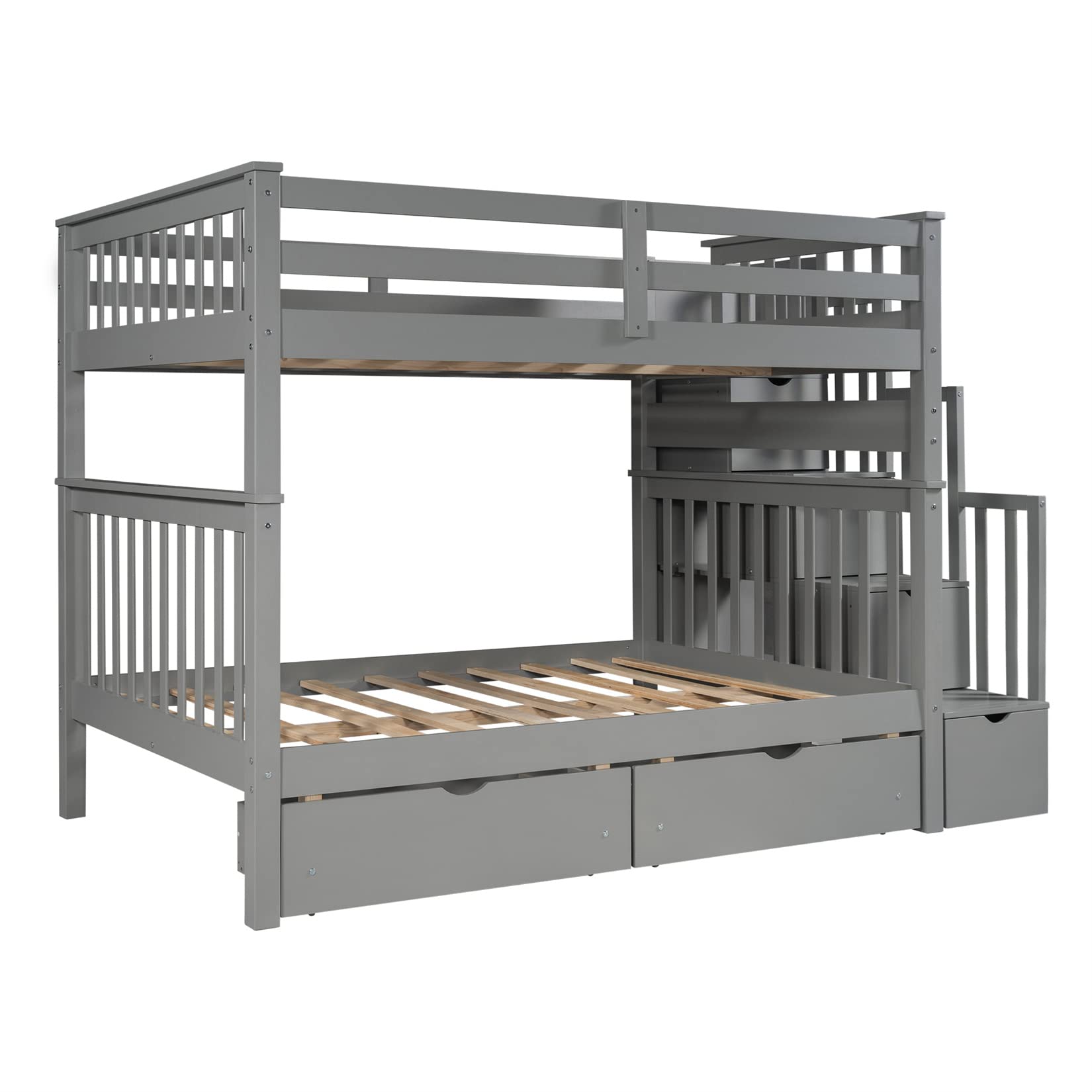 Full Over Full Bunk Bed with Storage & Stairs - Space-Saving for Kids & Adults