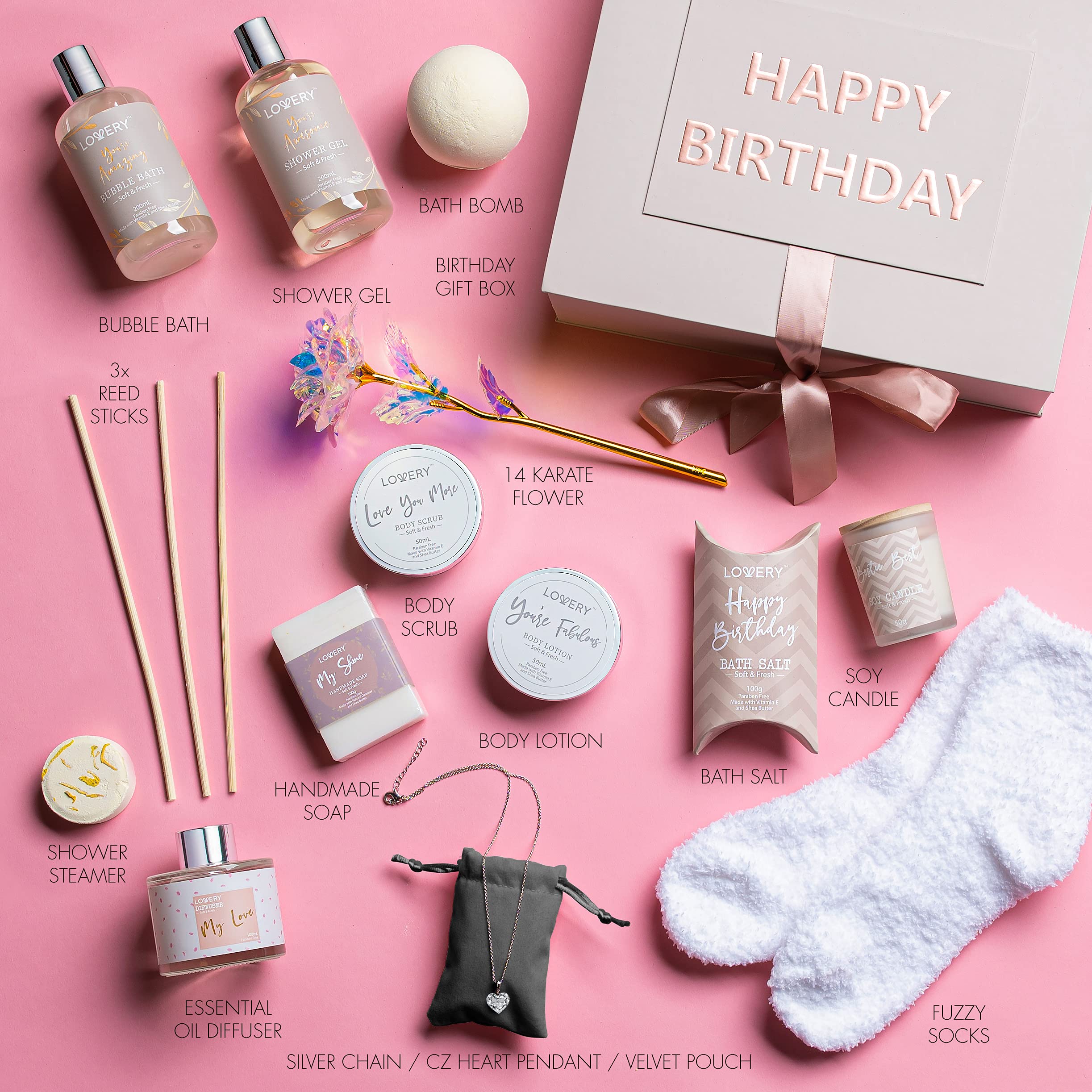 Luxury Birthday Spa Gift Box for Women - Vitamin E Bath Essentials, Aromatherapy Diffuser, Scented Candle & Sterling Silver CZ Heart Necklace - Perfect Birthday Gifts for Her, Mother's Day or Anniversary - Relaxing Self-Care & Pampering Gift Set