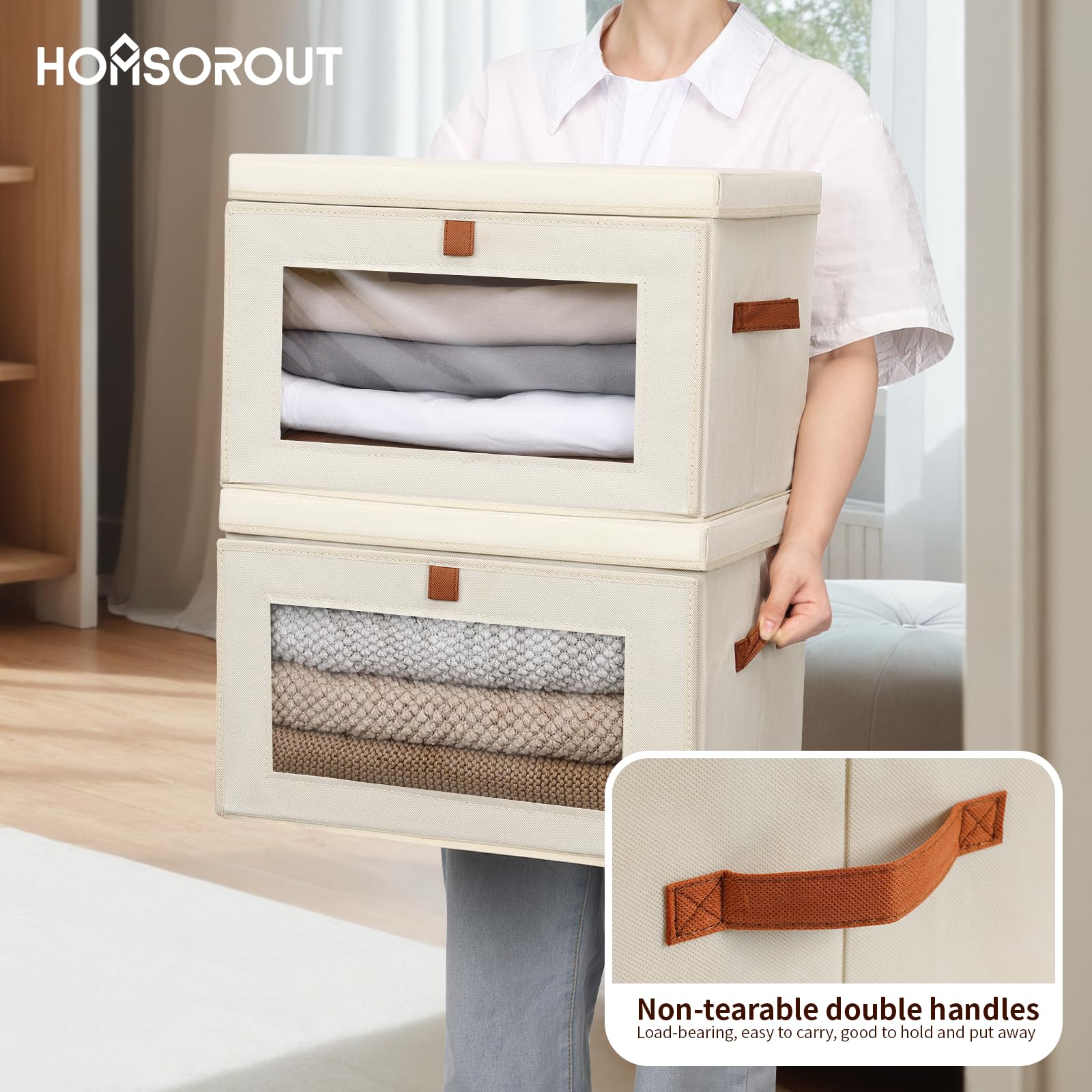 Large Collapsible Storage Bins with Handles & Window - 2 Pack Beige Fabric Organizers for Closet, Dorm & Living Room