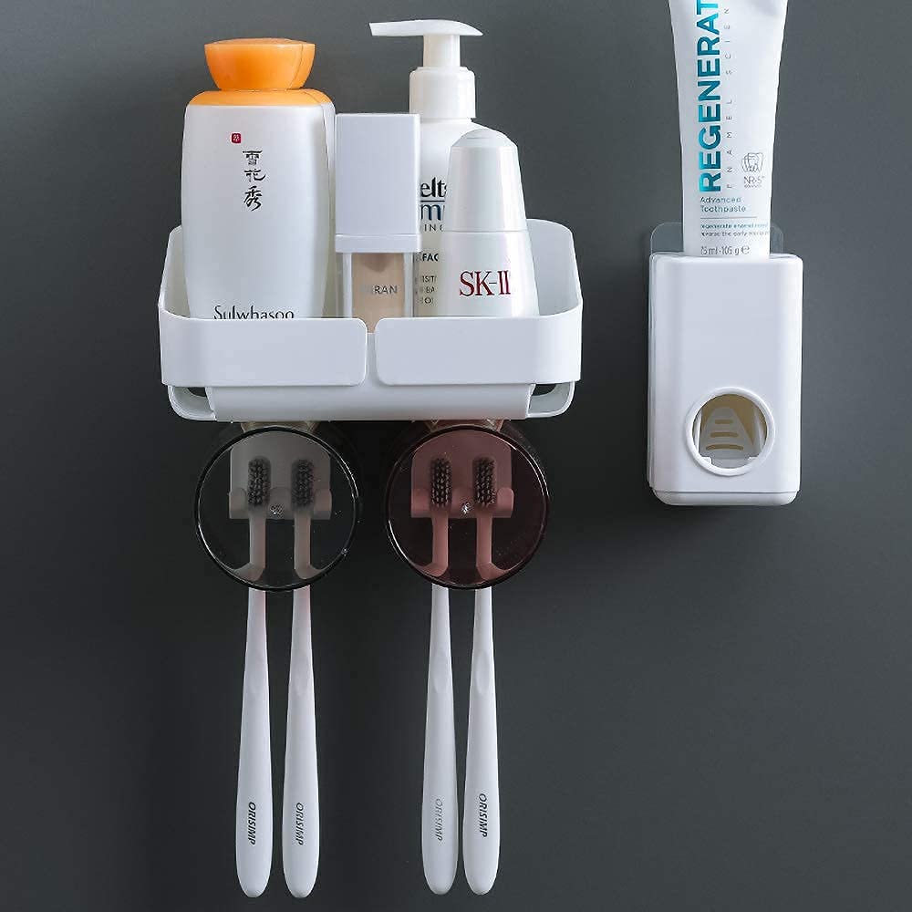 Wall Mounted Toothbrush Holder & Toothpaste Dispenser - Large Capacity Bathroom Organizer for Electric & Manual Toothbrushes (2 Cups Included) - Perfect for Small Bathrooms, RVs & Dorm Rooms