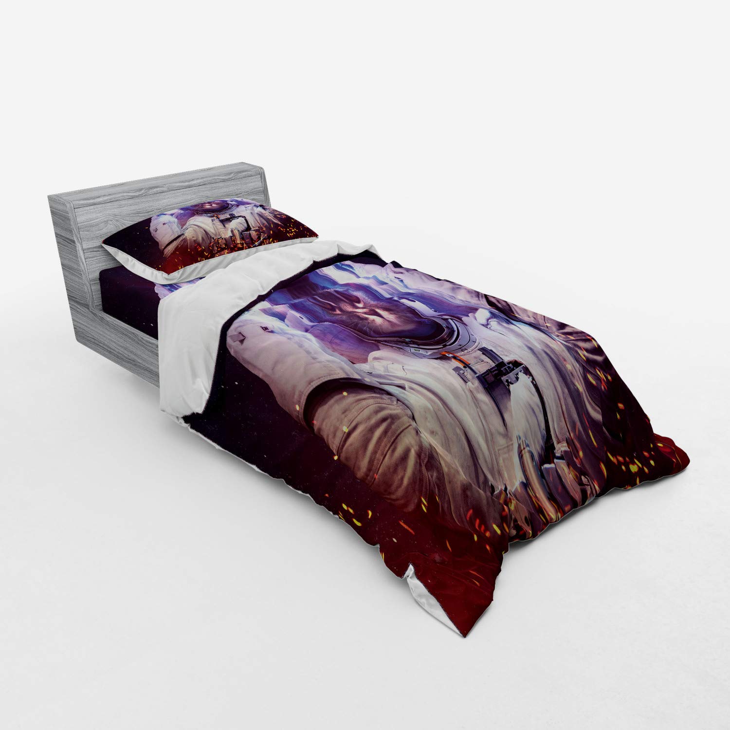 Ambesonne Space Cat Bedding Set - Astronaut Cat in Suit Outer Space Nebula Galaxy Cosmos Print 3-Piece Duvet Cover Set with Pillow Sham & Fitted Sheet, Twin Size, Dark Blue Purple - Perfect for Kids Room, Space Themed Bedroom & Sci-Fi Decor