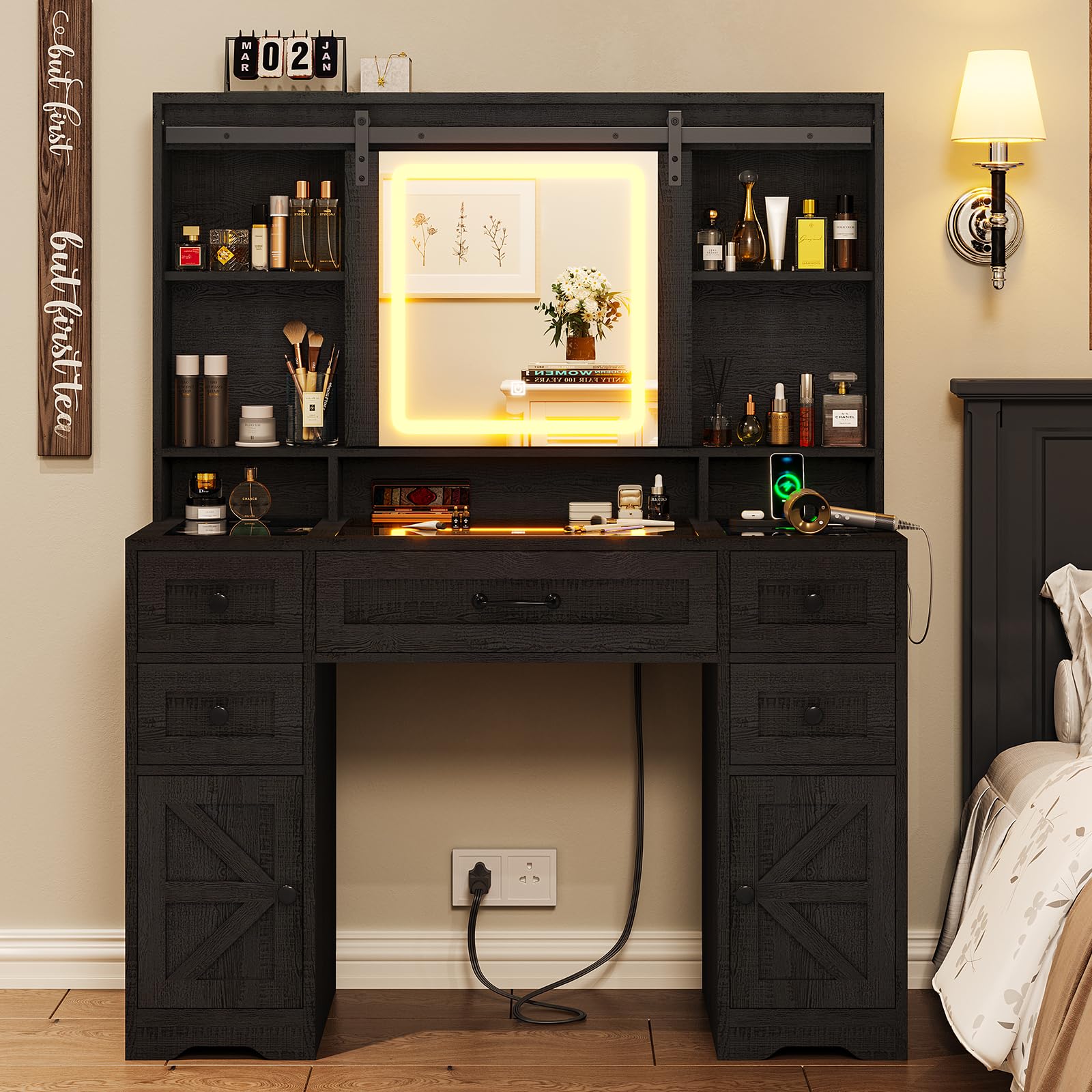 Farmhouse Makeup Vanity with LED Lights & Sliding Mirror - Glass Top Vanity Desk with USB Charging Station - Large Makeup Table with 5 Drawers, Shelves & Cabinets - Wood-Grain Black Finish - Perfect for Bedroom, Dressing Room & Bridal Suite Makeup Organization