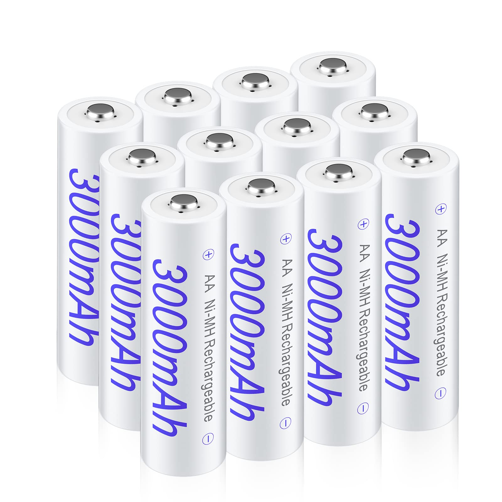 12 Pack 3000mAh AA Rechargeable Batteries - High Capacity NiMH Double A Batteries with Low Self Discharge for Digital Cameras, Flashlights, Toys & Electronics