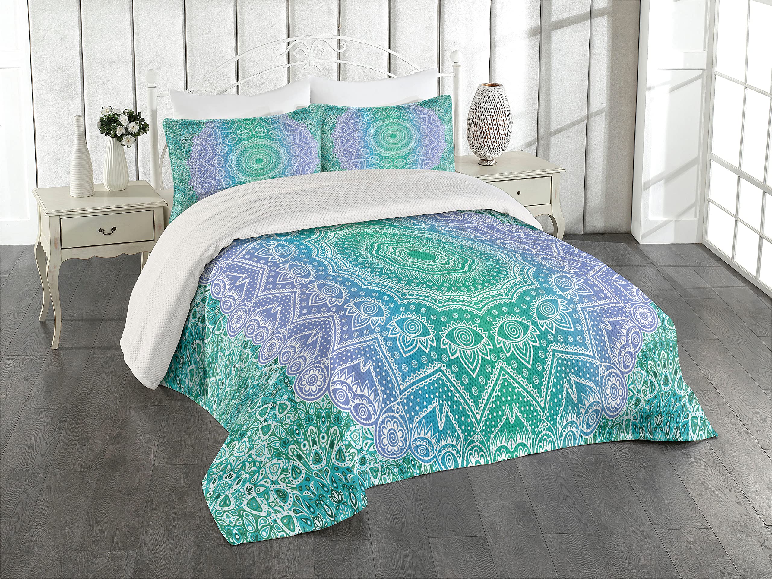 Ambesonne Ethnic King Size 3-Piece Bedspread Set with 2 Pillow Shams - Traditional Mystical Oriental Mandala Yantra Geometric Pattern in Purple & Green - Perfect for Bohemian Bedroom Decor, Guest Room, or Meditation Space