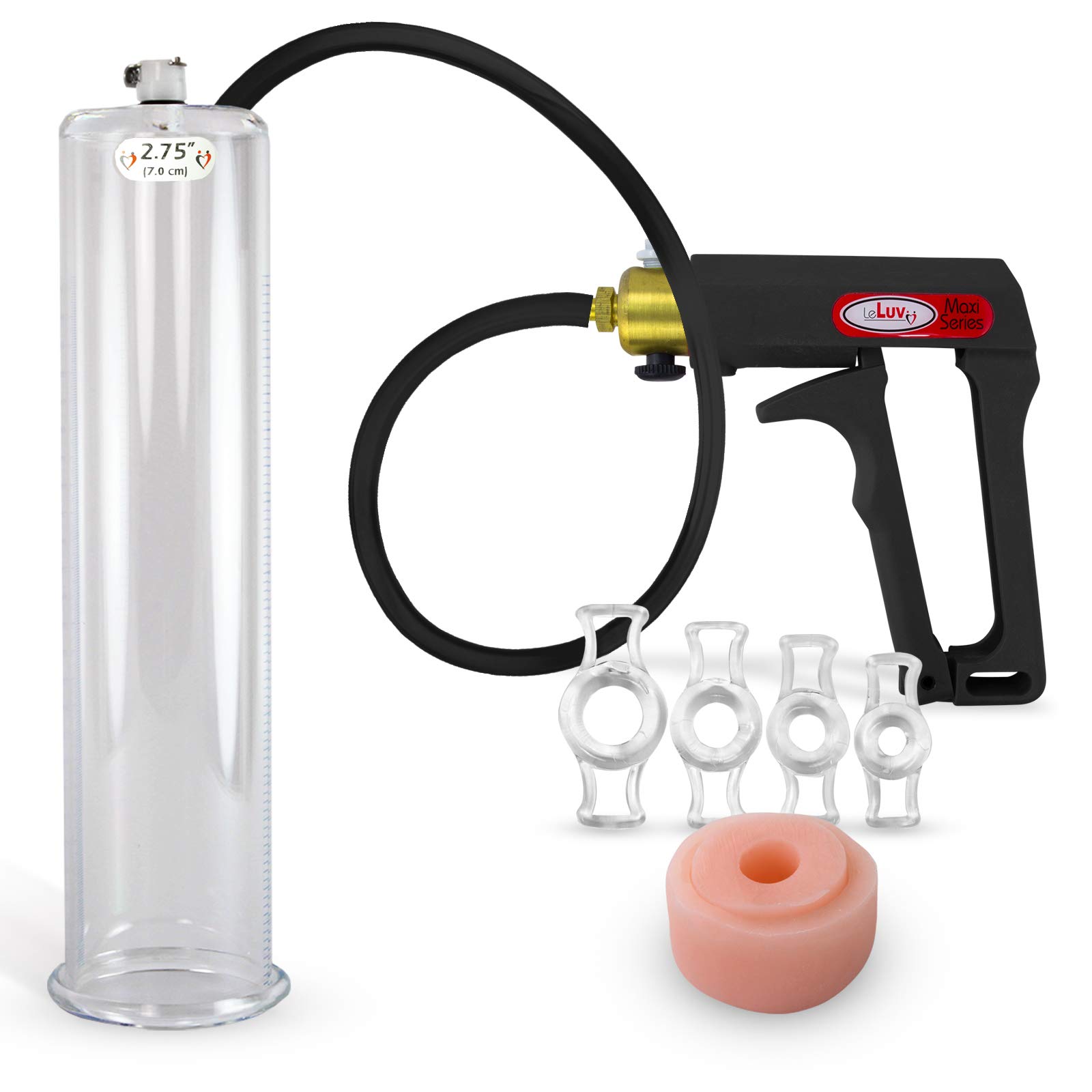 LeLuv Black Maxi Penis Pump Kit - Premium Silicone Hose with Soft Donut Seal & 4 Constriction Rings - 12