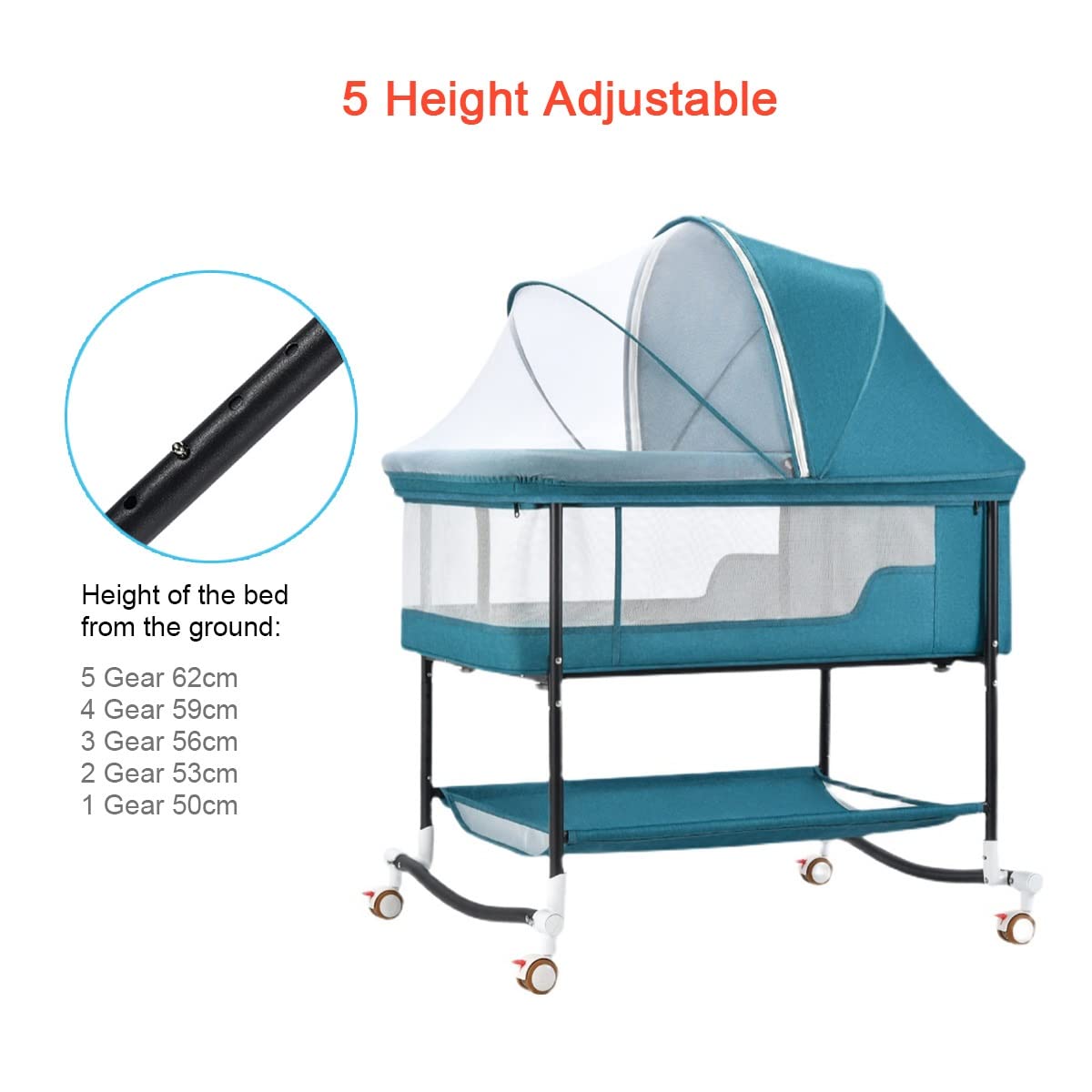 GENYS Adjustable Height Bedside Crib & Co-Sleeper for Babies 0-24 Months - Portable Rocker with Wheels, Mosquito Net & Breathable Mesh - Perfect for Nursery, Bedroom & Travel (Blue)