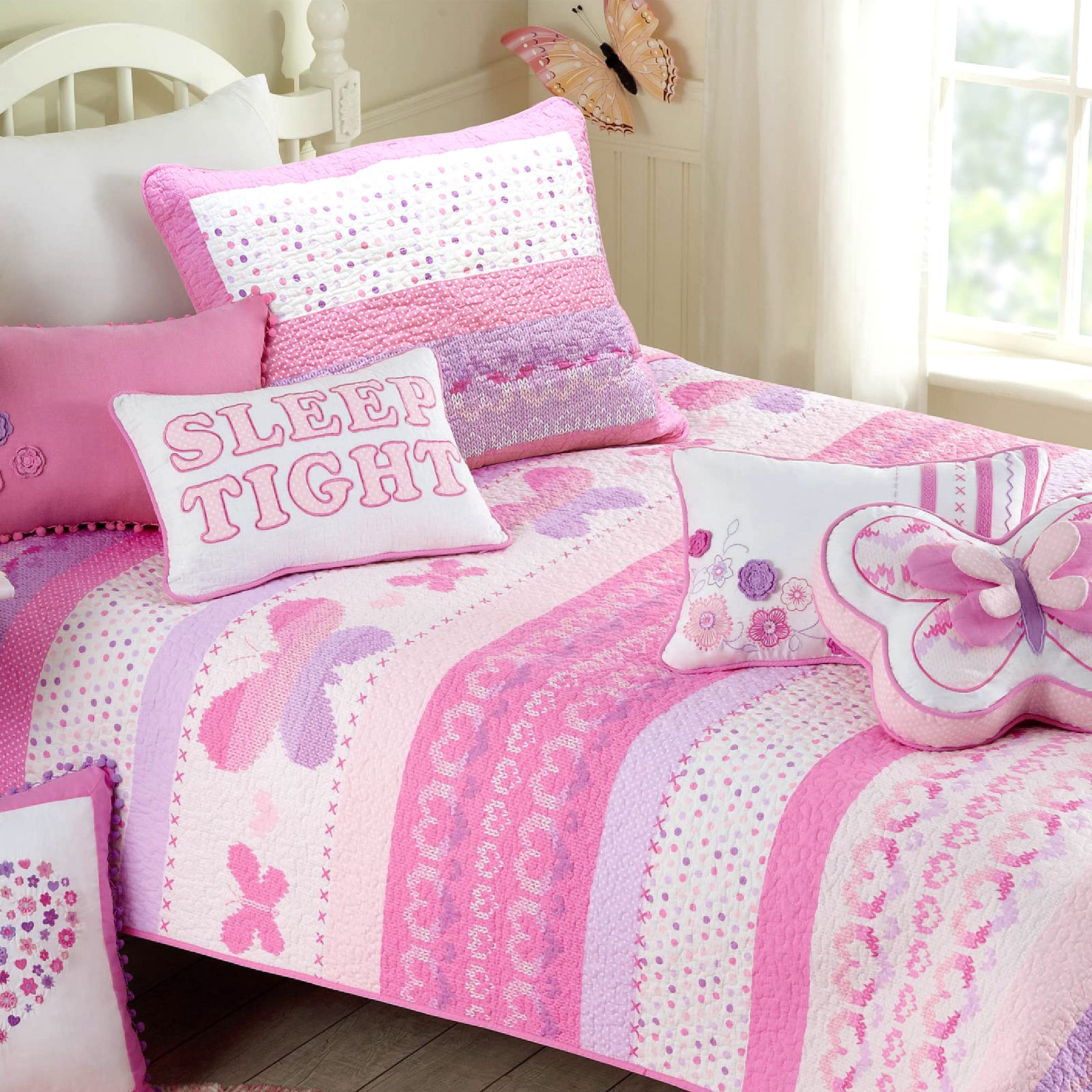 Butterfly Fair Isle 100% Cotton Reversible Quilt Bedding Set - 6 Piece Queen Size (1 Quilt, 2 Standard Shams, 3 Decorative Pillows) | Cozy Line Home Fashions | Soft & Breathable Coverlet & Bedspread for All-Season Comfort - Perfect for Master Bedroom, Guest Room, or Vacation Home Decor