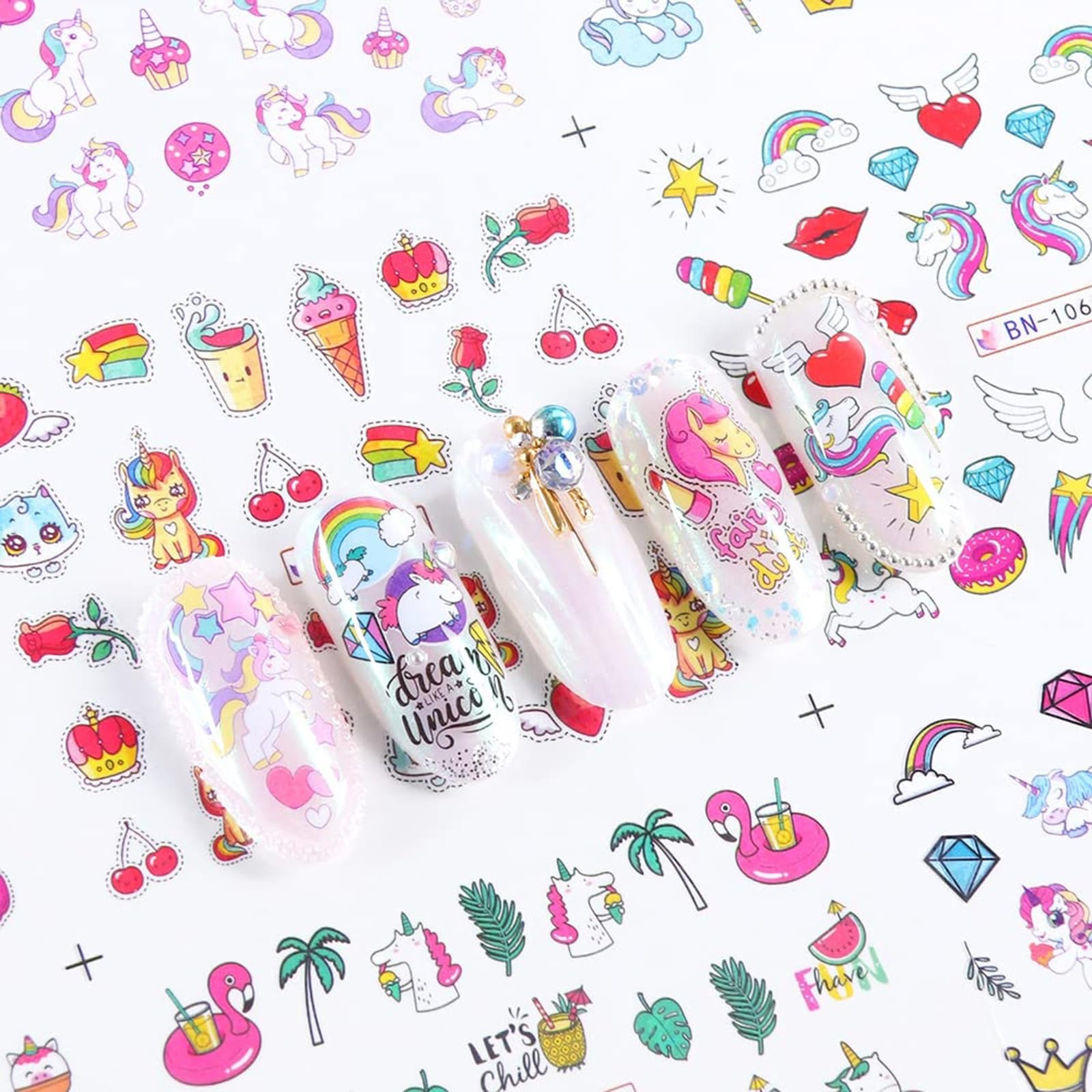 Unicorn Nail Art Stickers - 12 Sheets Water Transfer Nail Decals with Heart, Rainbow & Donut Designs - Cute Cartoon Pink Nail Decorations for Women & Girls - Perfect for Parties, Holidays & DIY Nail Art
