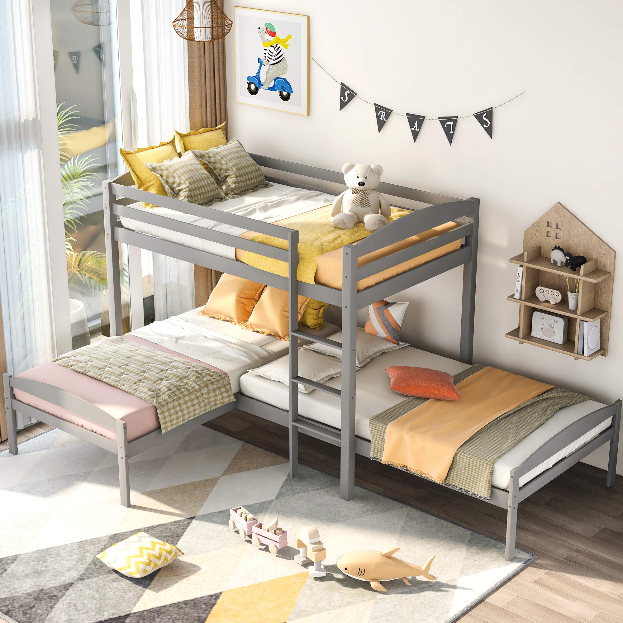 Tmosi Wood Triple Bunk Beds - L-Shaped Twin Over Twin Over Twin Bunk Bed with Safety Guard Rails & Ladder | Heavy Duty Sturdy Design for Kids, Teens & Adults | Perfect for Small Bedrooms, Dorms & Shared Spaces