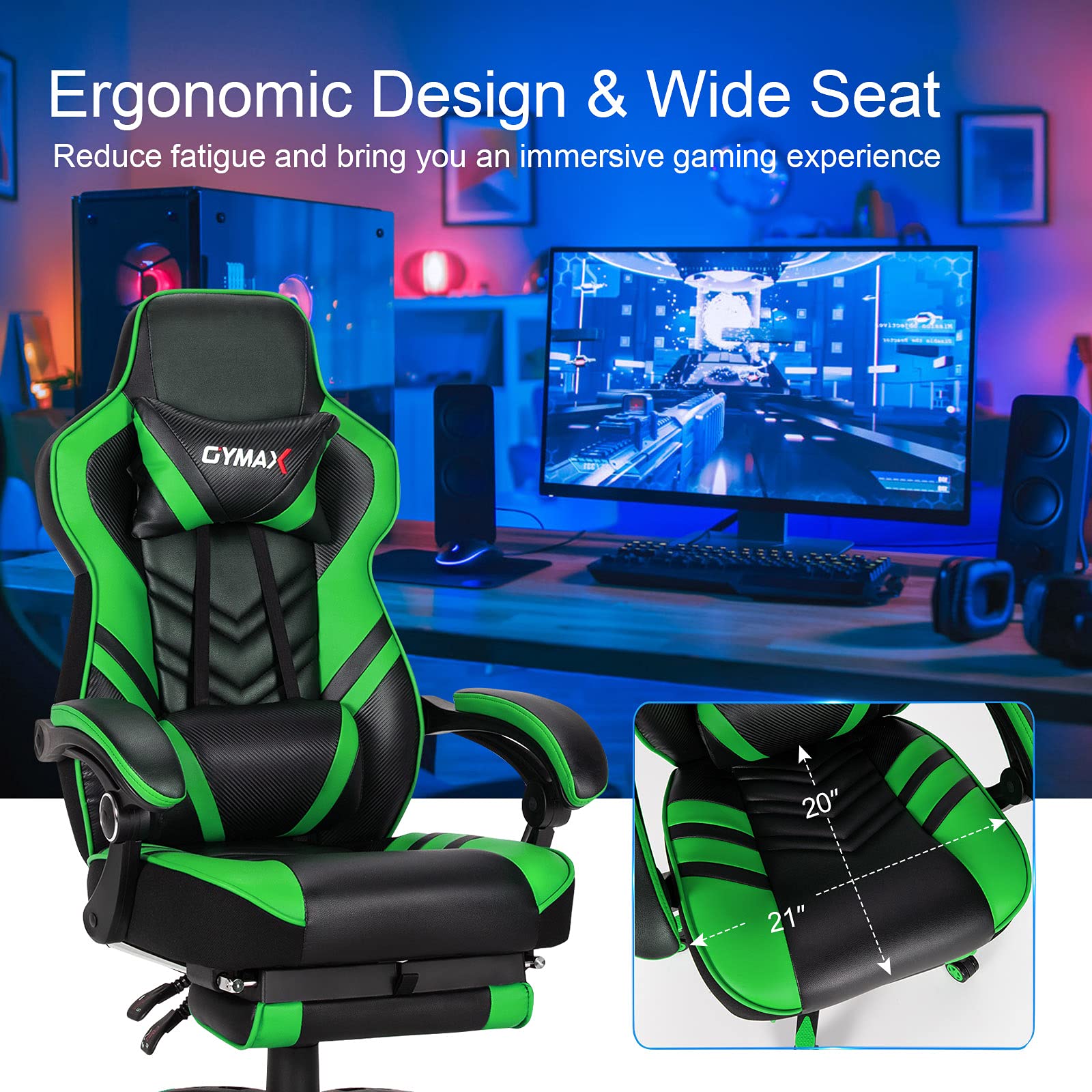 GYMAX Ergonomic Gaming Chair with Footrest, Adjustable Linkage Armrests & Lumbar Support - High Back Reclining Office Computer Chair for Adults & Teens - Perfect for Esports, Streaming & Home Office (Green)