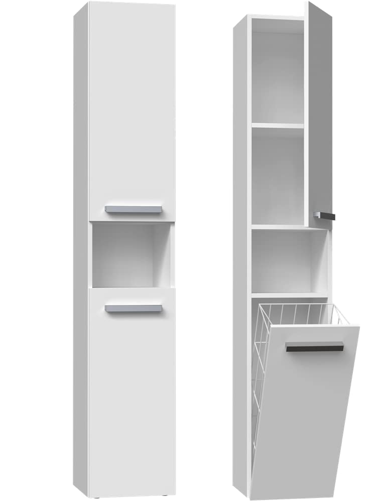 ADGO High Bathroom Cabinet NEL III - Space-Saving Bathroom Storage Organizer with Laundry Basket & Column Bookcase - Modern Bathroom Furniture for Small Spaces - Perfect for Toiletries, Towels & Home Organization
