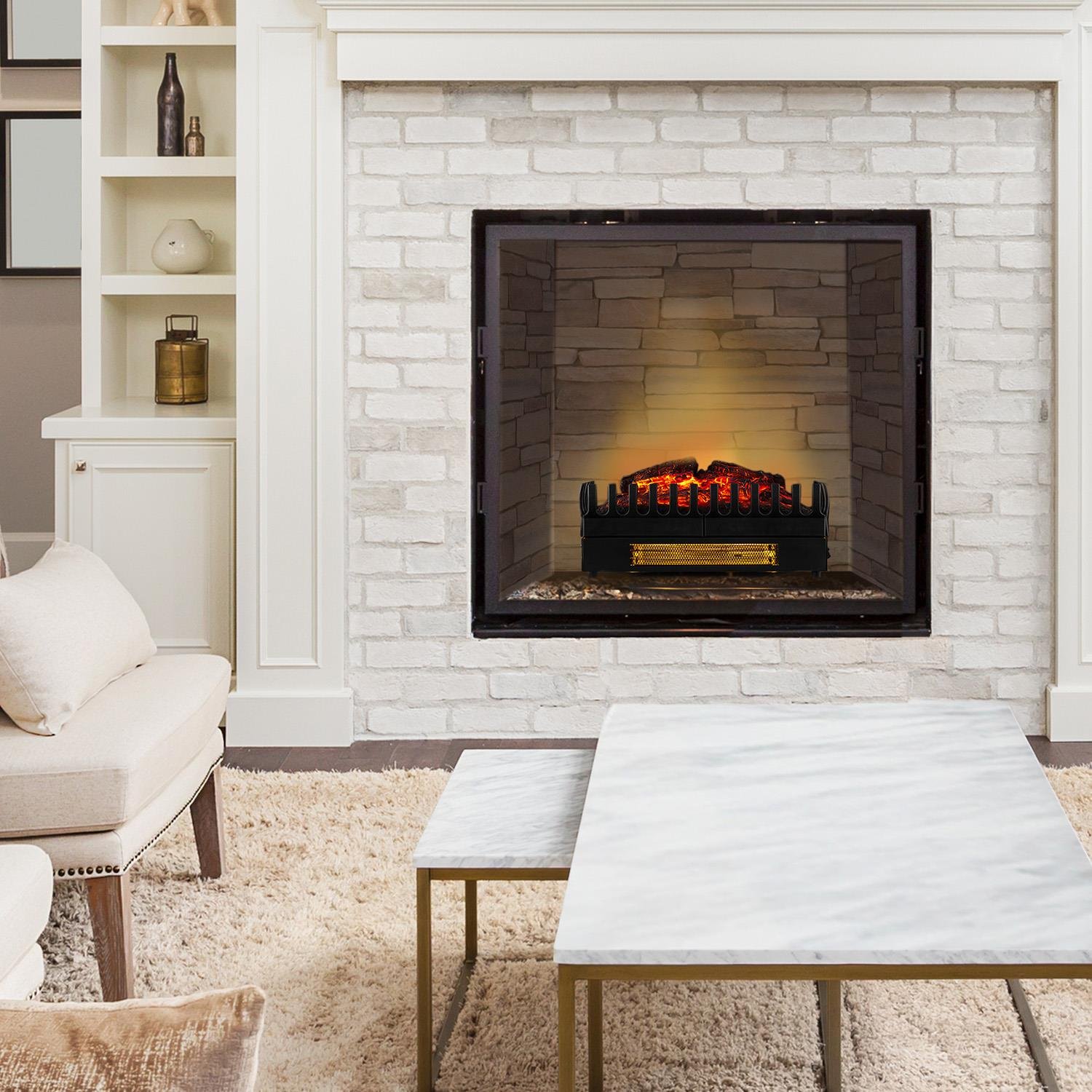 KLARSTEIN Kamini Electric Fireplace Insert with Realistic Glowing Logs - 1000W/1500W Adjustable Heater, 2W LED Flame Effect, Soot-Free & Easy to Clean - Creates Romantic Ambiance for Living Room, Bedroom, or Office (Black)