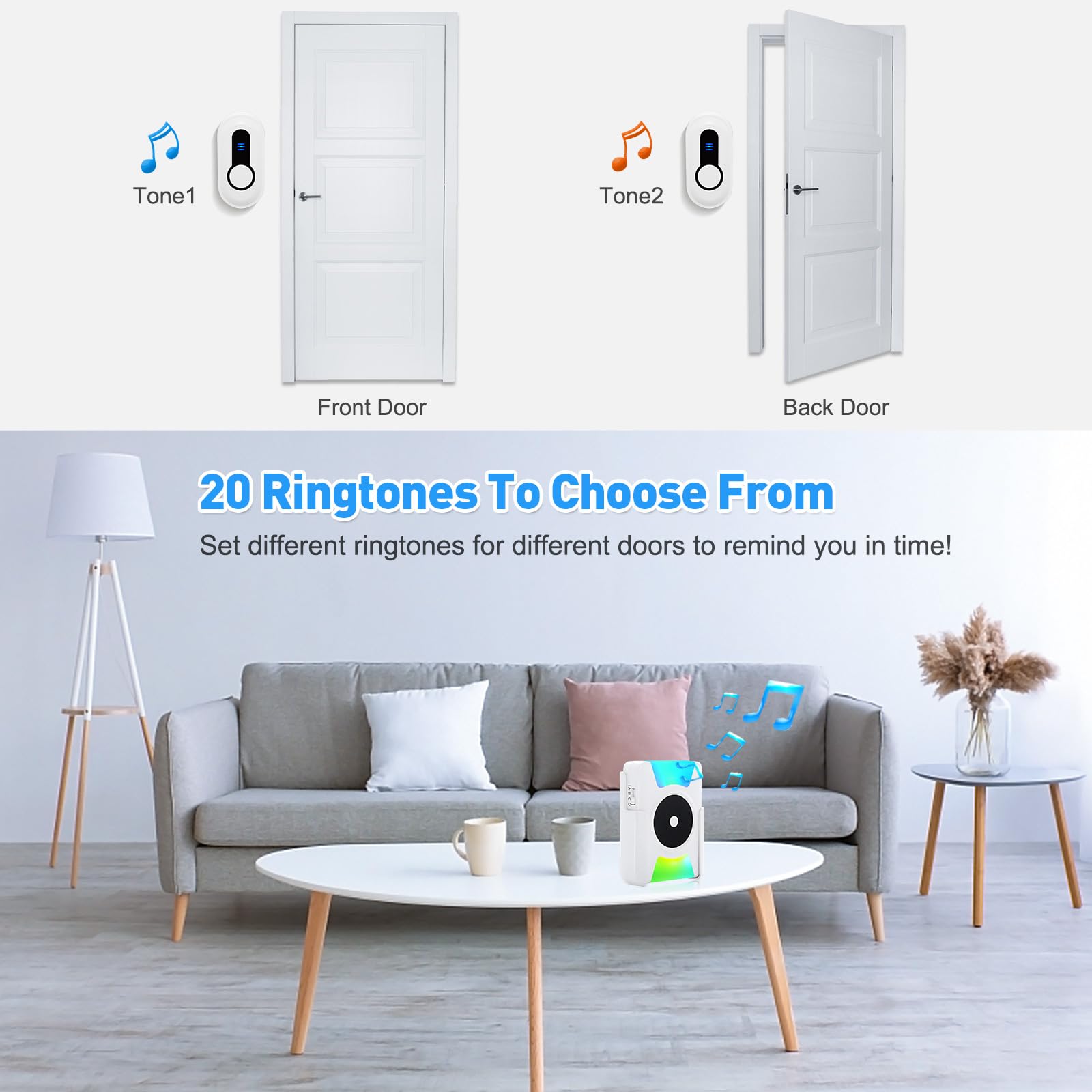 Wireless Doorbell with Vibrating Alert & LED Flashing - Battery Operated Door Chime Kit for Home, Hearing Impaired - 4 Working Modes & 5 Volume Levels - Perfect for Apartments, Offices & Elderly Care