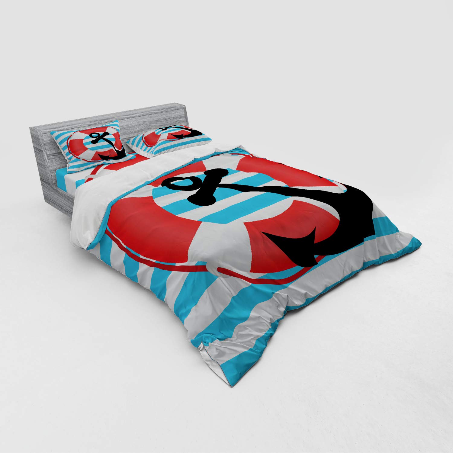 Ambesonne Anchor Duvet Cover Set - 4 Piece Queen Size Bedding with Shams & Fitted Sheet - Nautical Blue Striped Design with Life Preserver & Anchor Motif - Sky Blue, Red & Black - Perfect for Coastal Themed Bedrooms & Guest Rooms