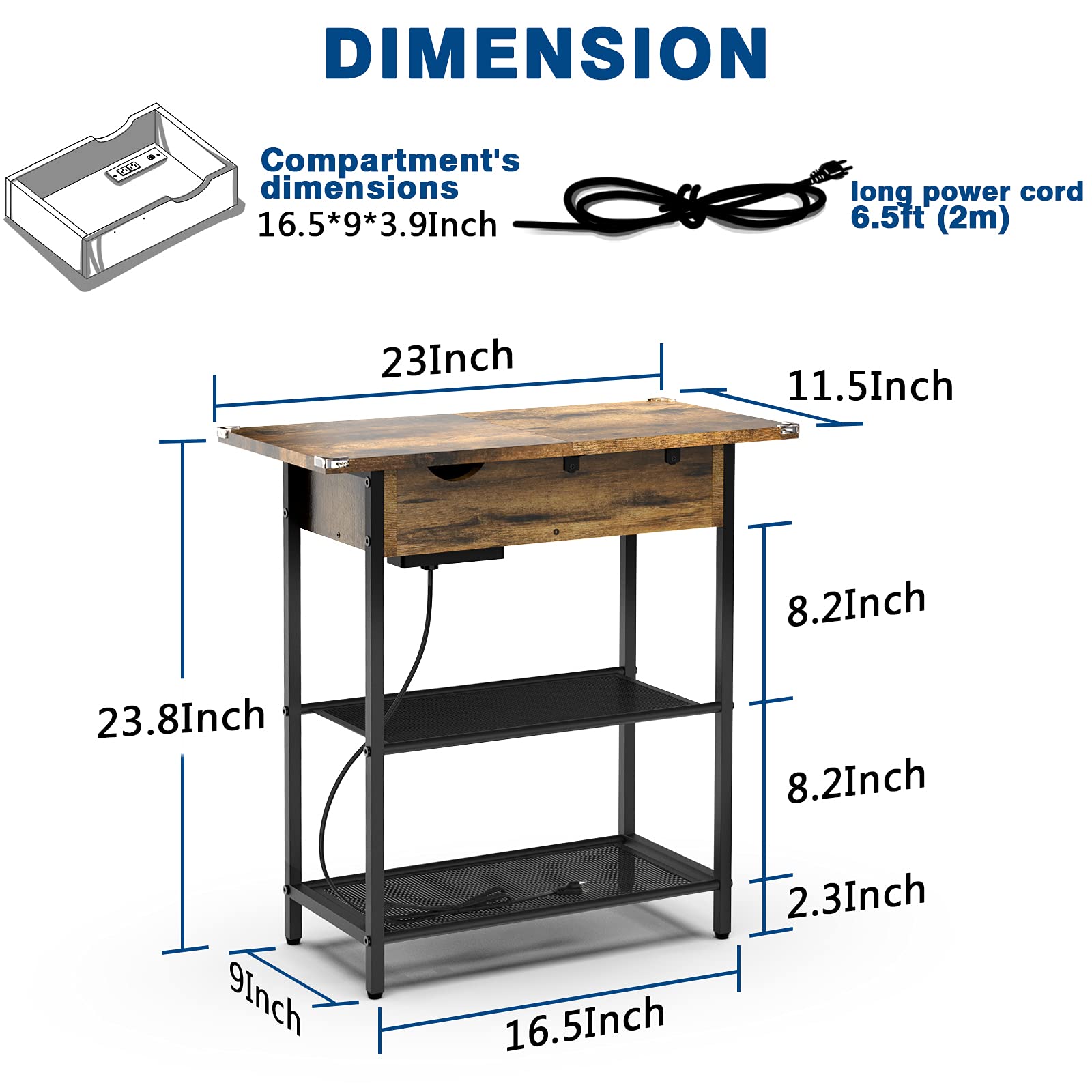 SAUCE ZHAN Narrow End Table with USB Ports & Outlets, Small Space Sofa Side Table with Storage Shelf - Charging Station Nightstand for Bedroom, Living Room, Office - Brown Wood Finish | Perfect for Compact Spaces, Phone Charging & Bedside Storage