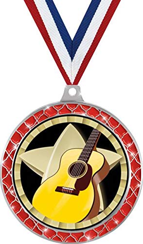 2.5 Inch Red Trellis Guitar Player Medal - Silver Music Trophy Award for Kids | Perfect for Music Competitions, Recital Prizes & Guitar Achievement Awards