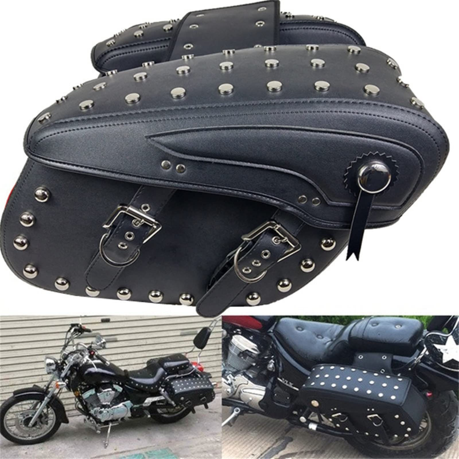 **Universal Motorcycle Side Bags - PU Leather Waterproof Saddlebags with Rivets, 2-Piece Set (Left + Right) - Durable Storage Pouch for Tools & Accessories - Fits Harley & Other Bikes - Ideal for Road Trips & Commuting**