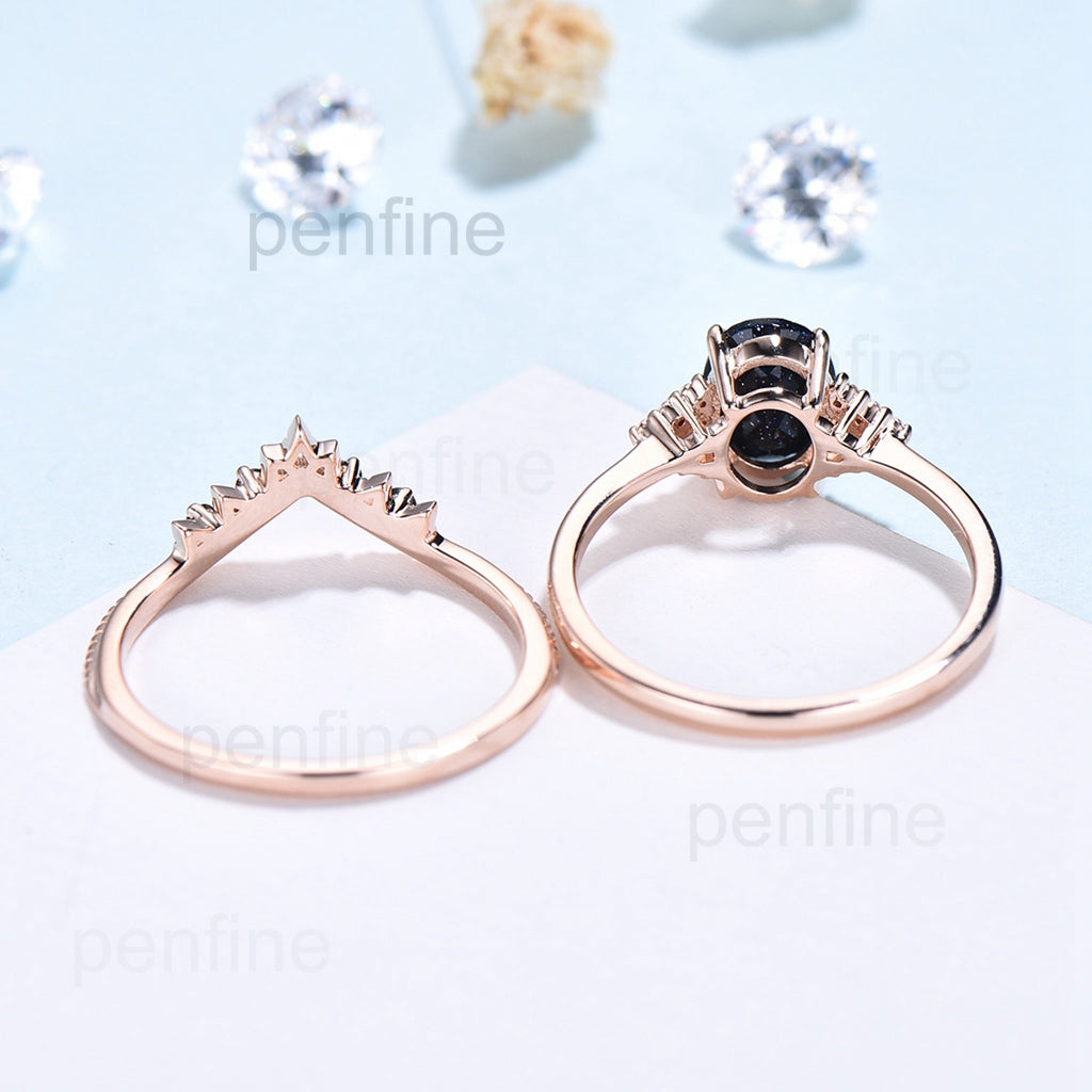 **Vintage Oval Blue Sandstone Engagement Ring Set with Moissanite Cluster & Black Diamond - Unique Galaxy Wedding Band for Women - Perfect for Proposals, Anniversaries & Special Occasions**