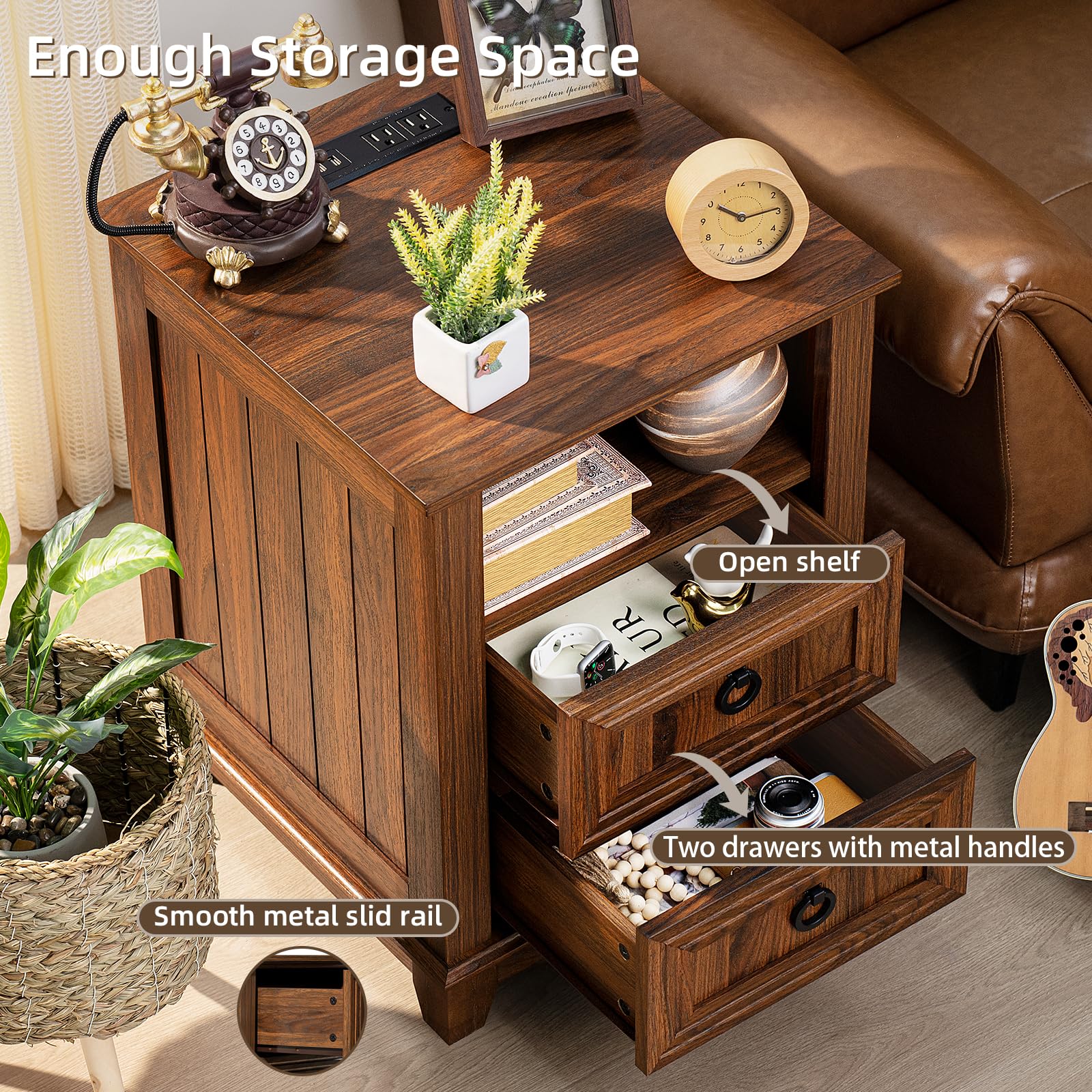 Rustic Farmhouse Coffee Table Set of 3 with USB Charging Station & Hidden Storage - Country Style Living Room Center Table & Nightstand 3-Piece Furniture Set for Home, Office - Perfect for Family Gatherings, Movie Nights & Remote Work