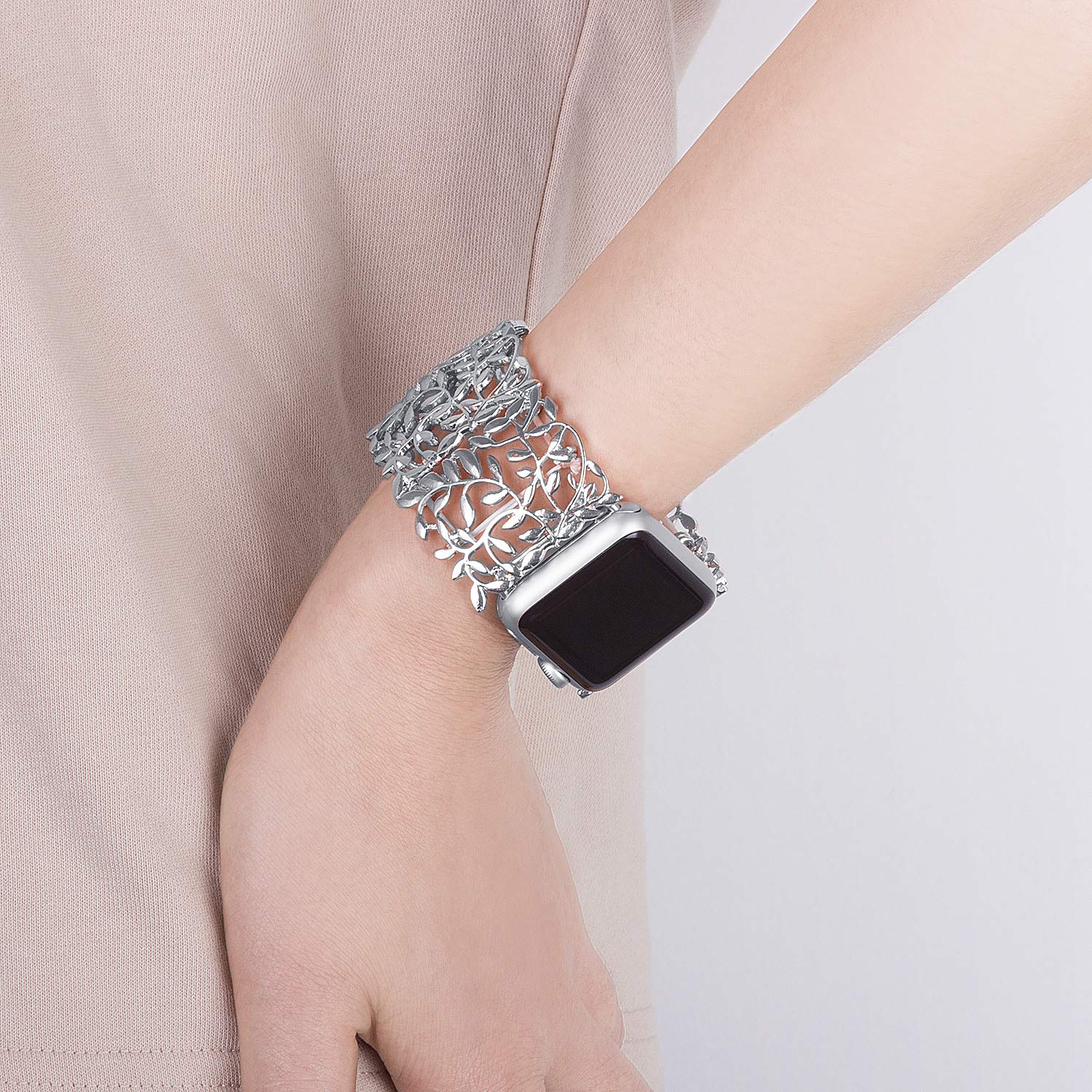 VIQIV Stretchable Bracelet Band Compatible with Apple Watch Series 5/4/3 (38mm/40mm/42mm/44mm) - Elegant Jewelry Bangle Strap for Women - Silver 44mm - Perfect for Work, Parties & Special Occasions