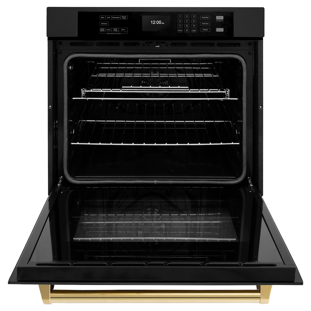 ZLINE Autograph Edition 30 Inch Black Stainless Steel Wall Oven with Air Fry & Self Clean - Professional True Convection Oven with Polished Gold Handle - Perfect for Home Chefs & Modern Kitchens (WASBZ 30 G)