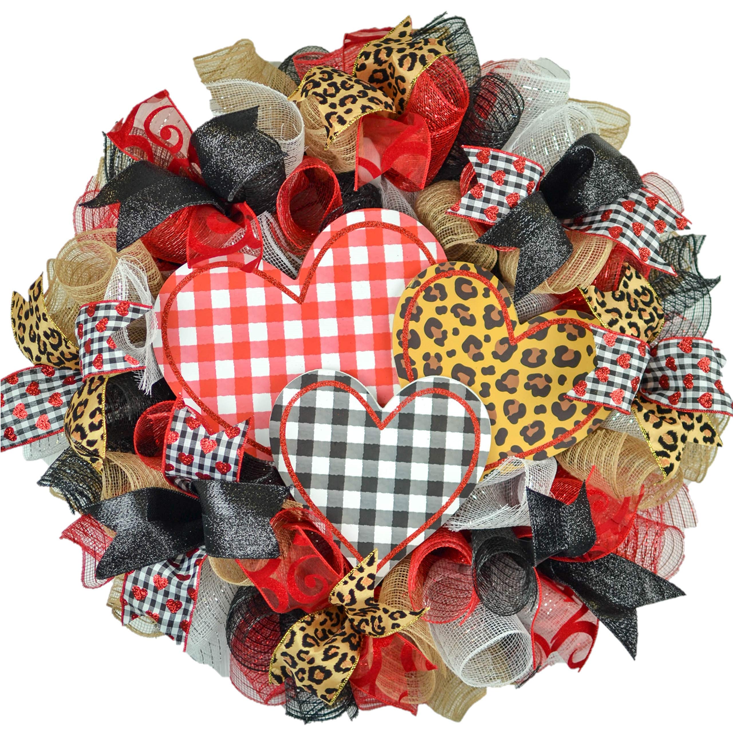 Valentine's Day Buffalo Plaid Mesh Wreath - Red White Black Checkered Animal Print Door Decor for Farmhouse, Rustic & Christmas Holiday Home Decoration