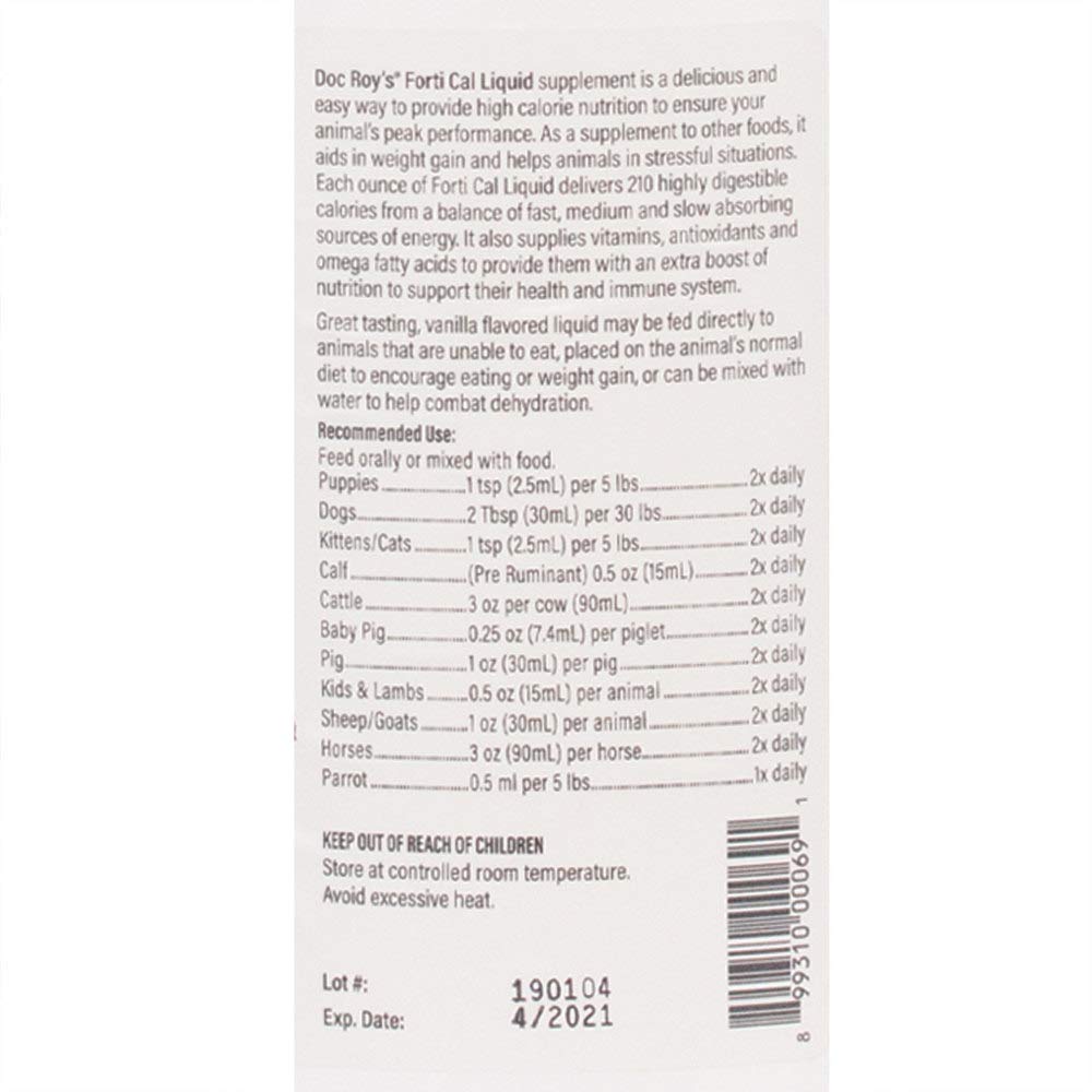 Doc Roy's Forti Cal - High Calorie Vanilla Flavored Liquid Nutritional Supplement for Dogs & Cats - 1 Gallon - Supports Weight Gain & Recovery - Perfect for Post-Surgery, Weak Pets & Picky Eaters