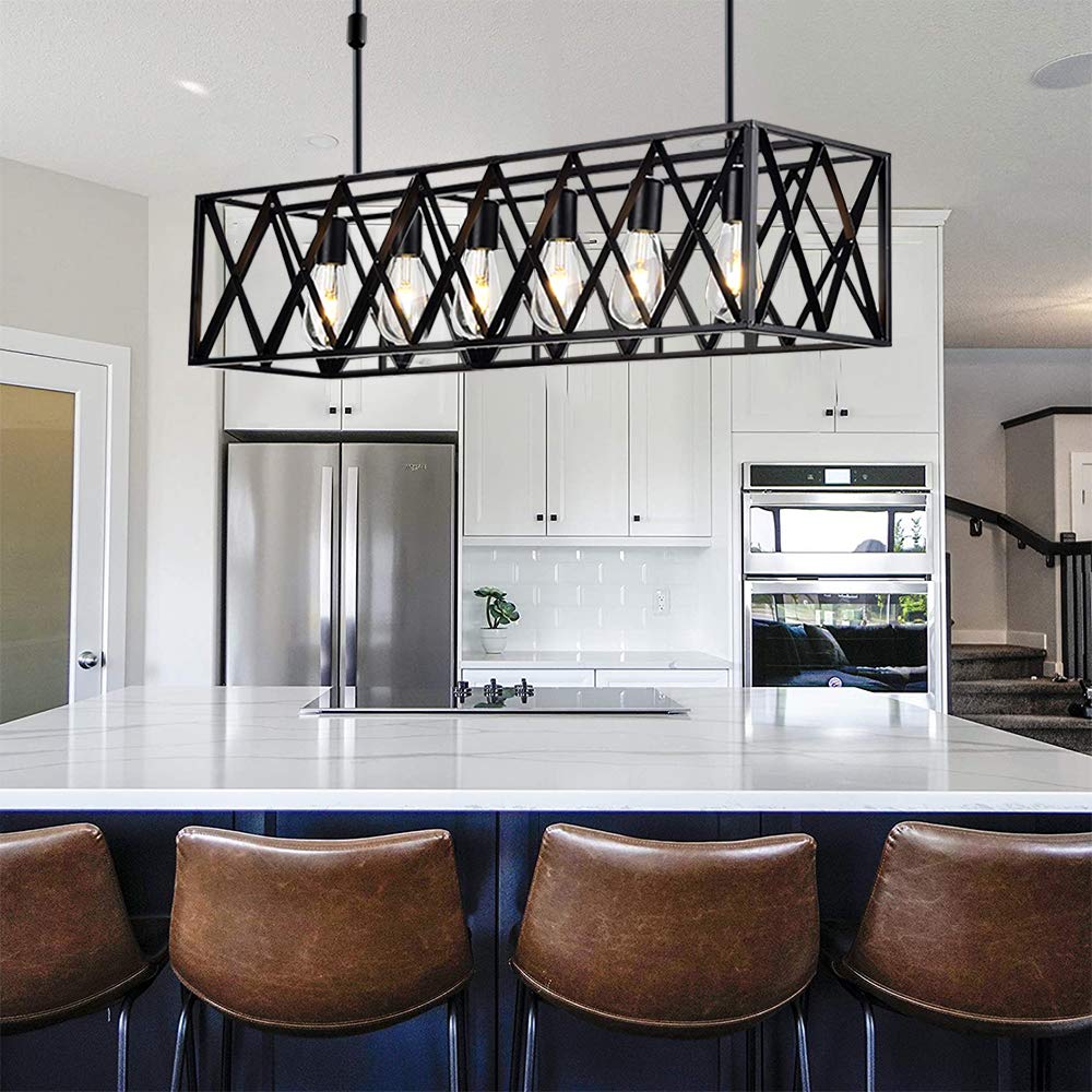 Vintage Industrial Pendant Light - 6-Light Black Metal Kitchen Island Lighting Fixture with Open Frame Shade (Bulbs Not Included) - Perfect for Farmhouse, Loft & Restaurant Dining Areas