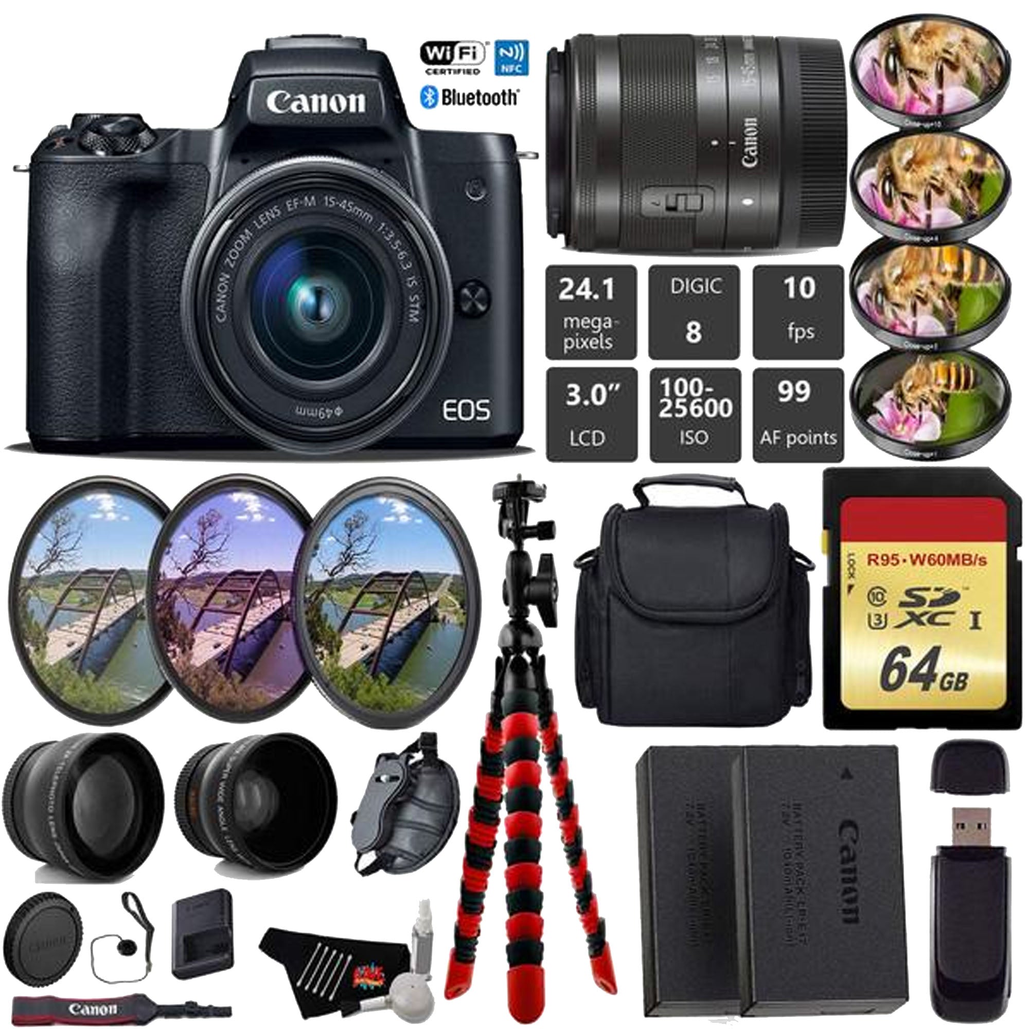 Canon EOS M50 Mark II Mirrorless Digital Camera Kit with 15-45mm & 55-200mm Lenses (Black) + 64GB Memory Card - Perfect for Vlogging, Travel Photography & YouTube Content Creation