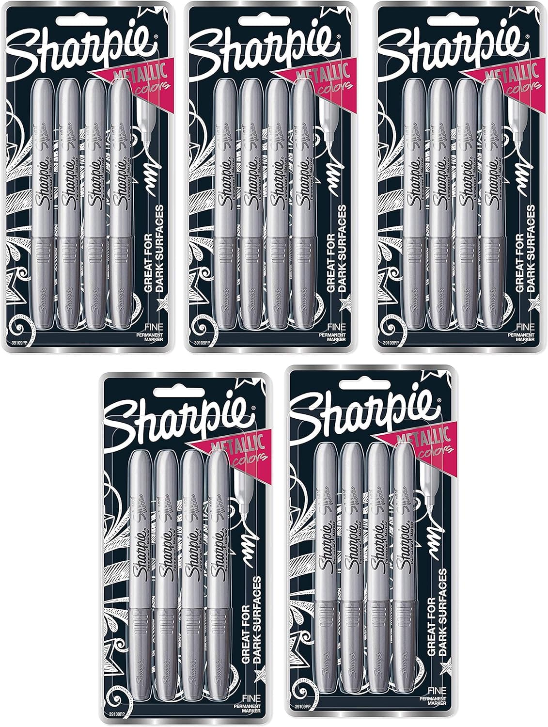 Sharpie 39109PP Metallic Permanent Markers Fine Point - Silver (5 Pack of 4 Markers, 20 Total) - Vibrant Metallic Ink for Light & Dark Surfaces - Ideal for DIY Crafts, Office Use, Gift Wrapping & Home Decor