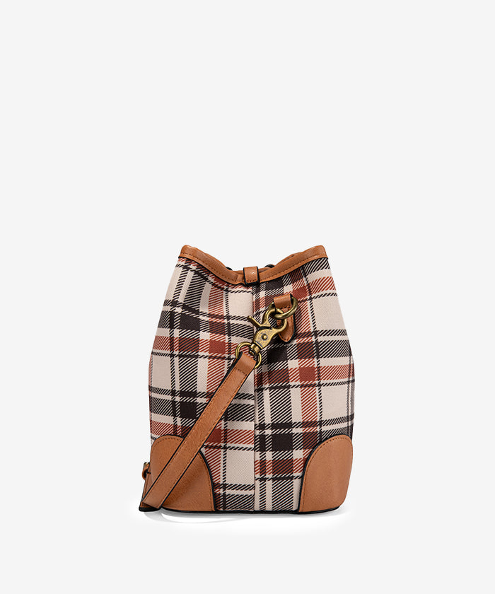 LEE Plaid Canvas Drawstring Bucket Crossbody Bag for Women - Stylish & Versatile Shoulder Purse - Perfect for Travel, Shopping & Everyday Use