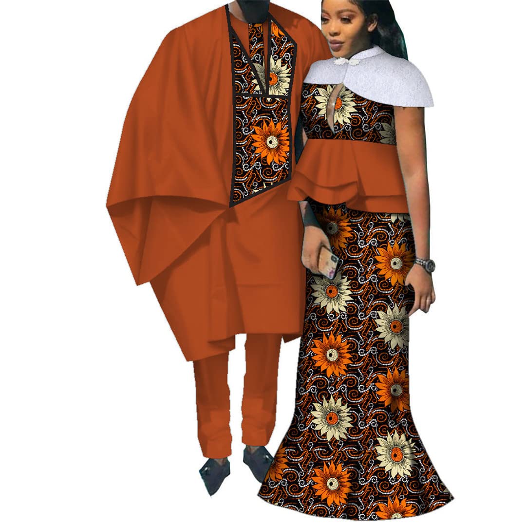 African Print Long Patchwork Dresses for Women & Men's Robe Pants - Traditional Couple Outfits for African Culture Lovers - Perfect for Weddings, Festivals and Cultural Events - 24fs1222 L