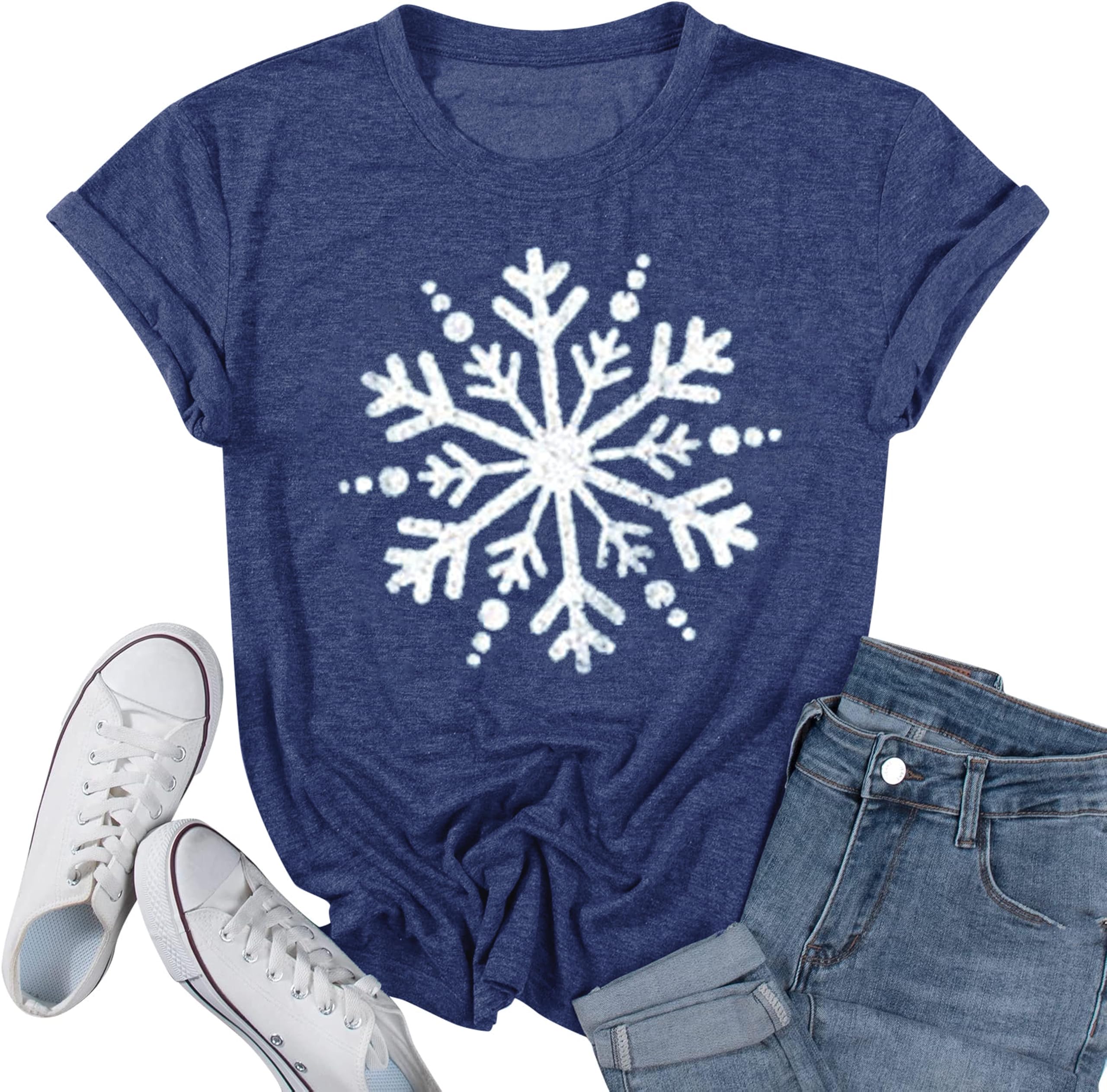 Women's Christmas T-Shirts - Cute Snowflake Graphic Short Sleeve Funny Print Tee for Holiday Parties & Family Gatherings