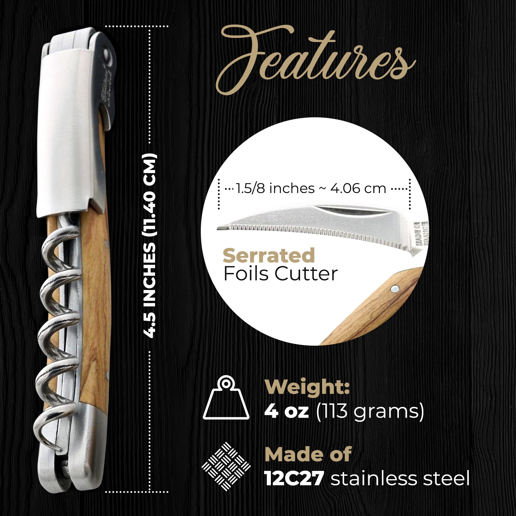 Chateau Laguiole Classic French Wine Opener - Premium Olive Wood Corkscrew with Leather Sheath & Gift Box - Perfect for Wine Lovers, Dinner Parties & Gifts