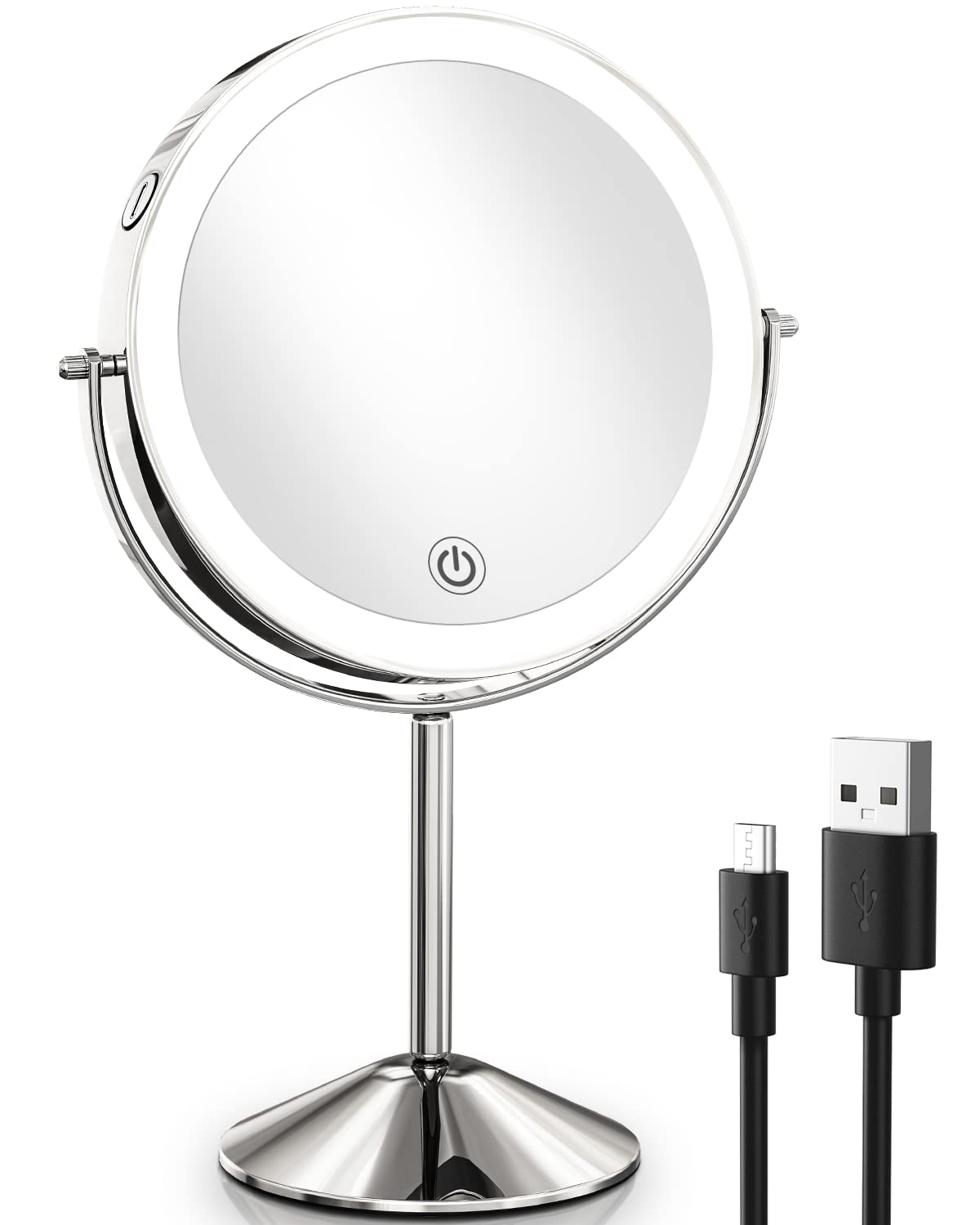 Benbilry 10X Magnifying Makeup Mirror with LED Lights - 8 Inch Rechargeable Vanity Mirror, 3 Color Modes & Dimmable Brightness, 360° Swivel Rotation, Cordless Double-Sided Cosmetic Mirror for Makeup Application, Skincare Routine & Eyebrow Grooming
